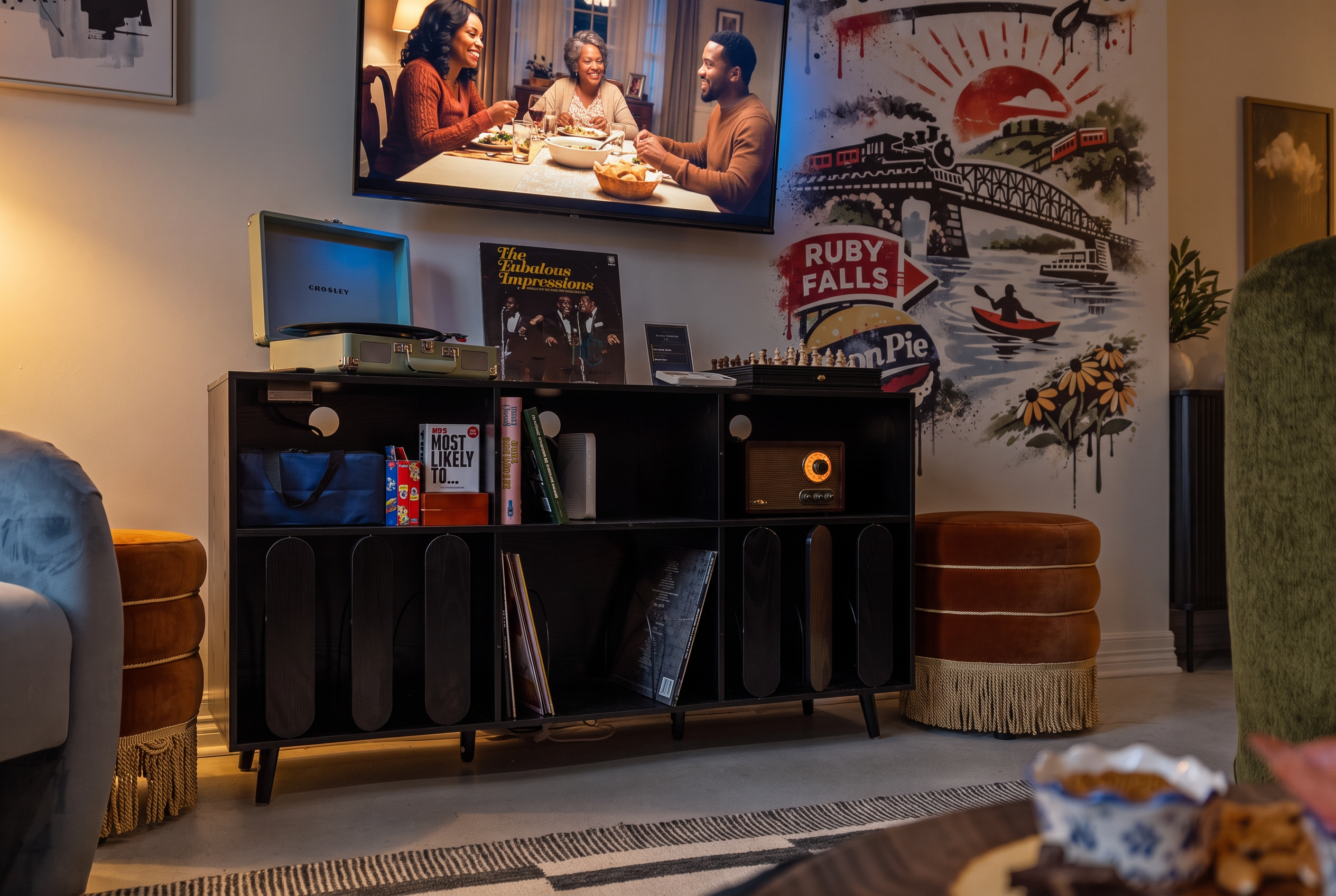 Cozy lounge with TV, record player, and striking artistic feature wall