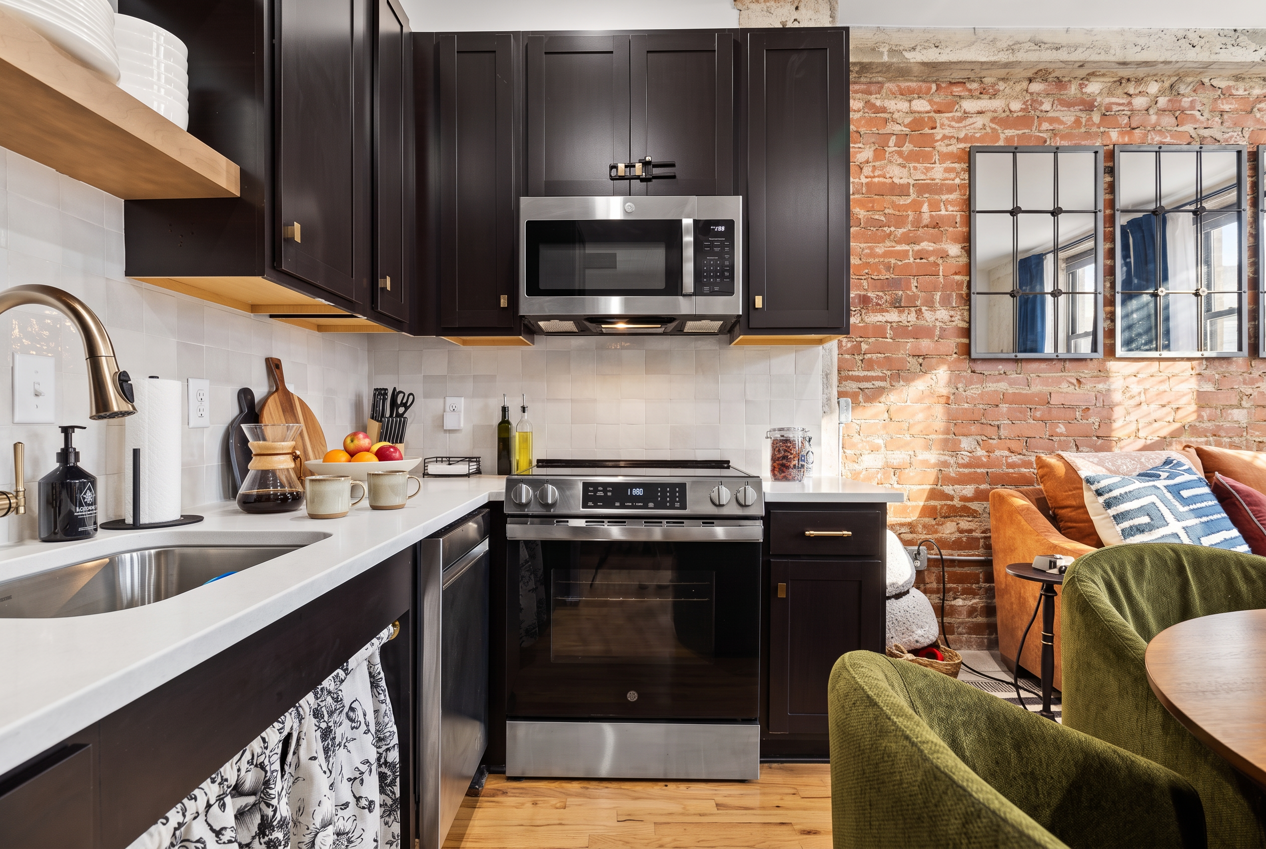 Modern industrial kitchen with exposed brick and cozy open living space