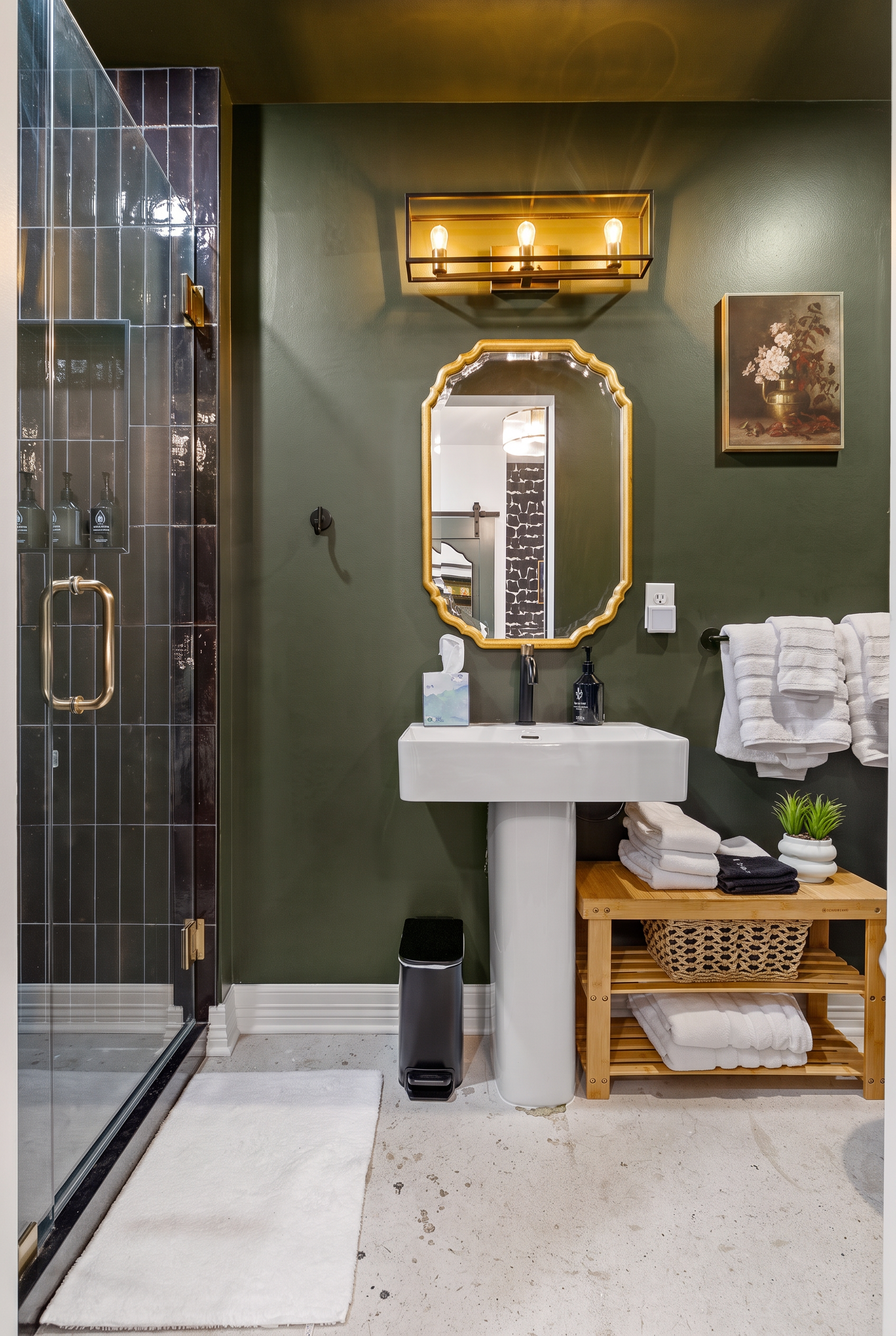Boutique-style bath with glass shower, luxe towels, and warm designer touches