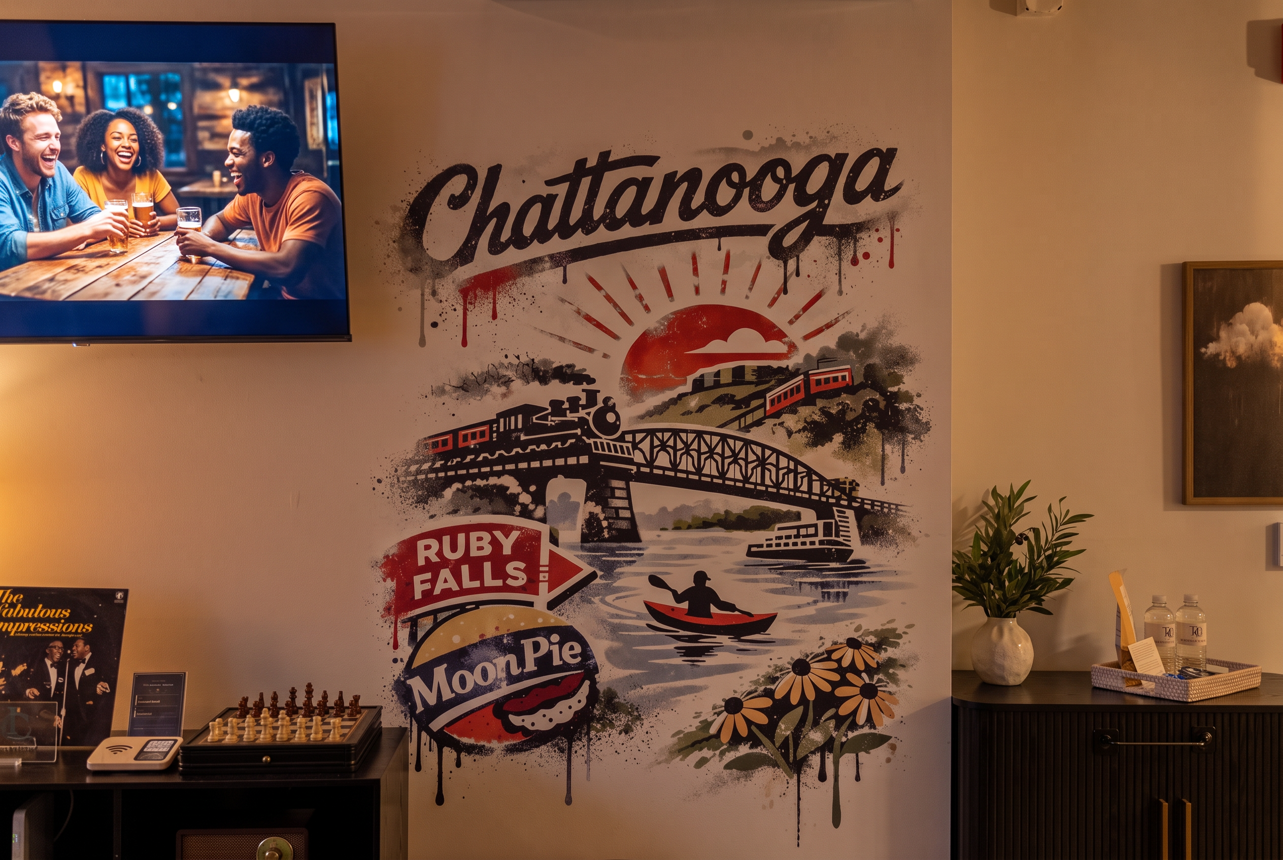 Unique Chattanooga mural wall with warm, cozy lounge vibes