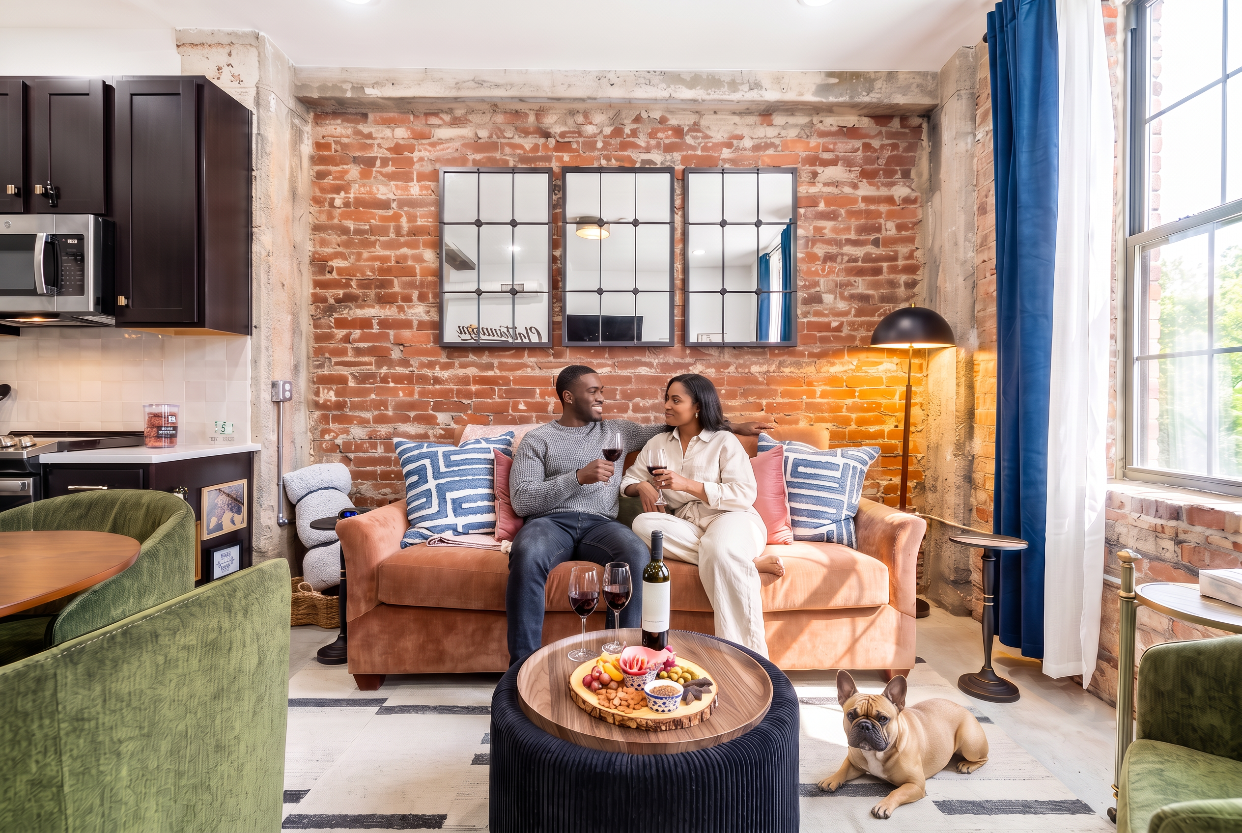Chic brick loft living room with tall windows, wine-ready seating, and cozy style