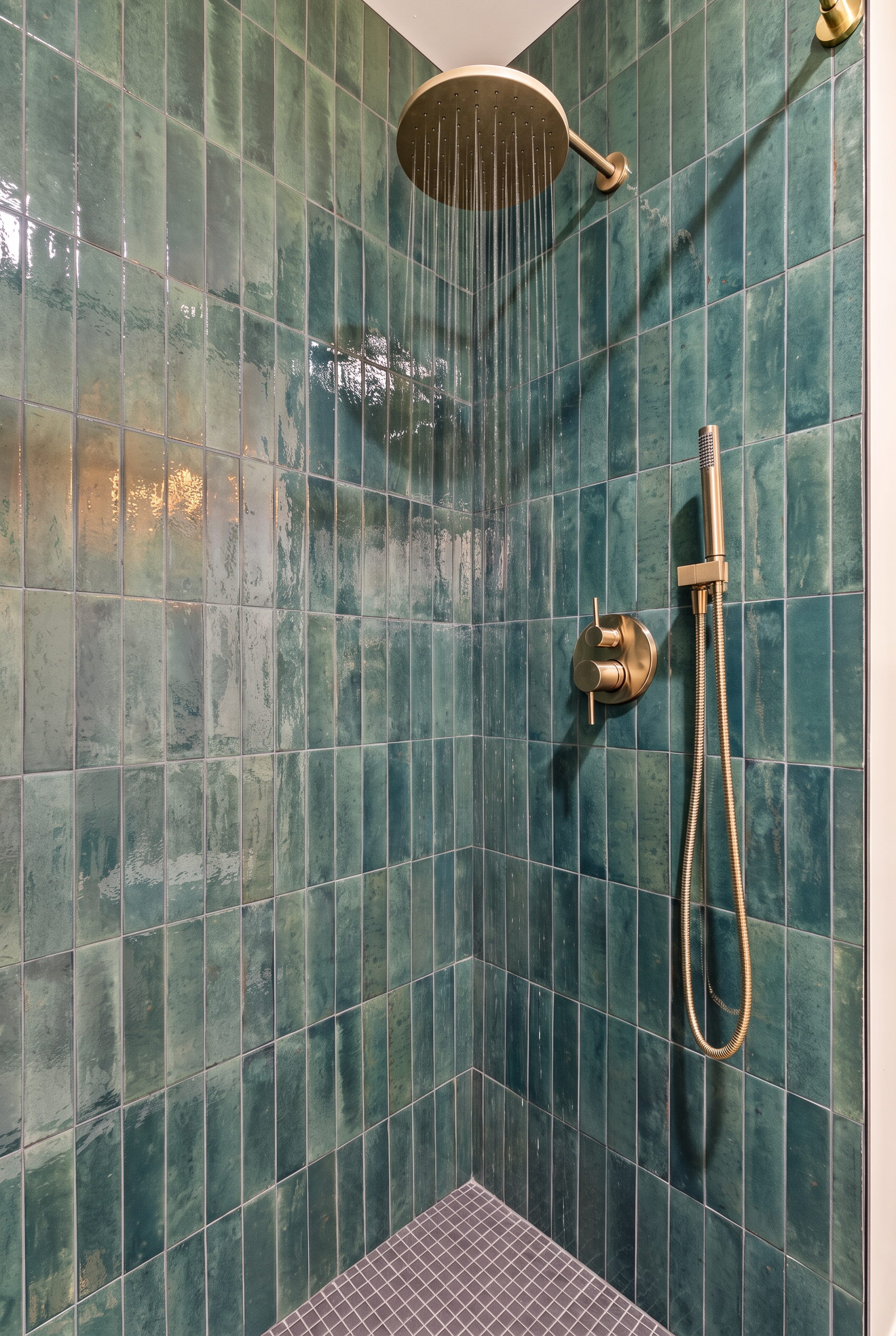Spa-style tiled shower with rainfall head and elegant gold fixtures