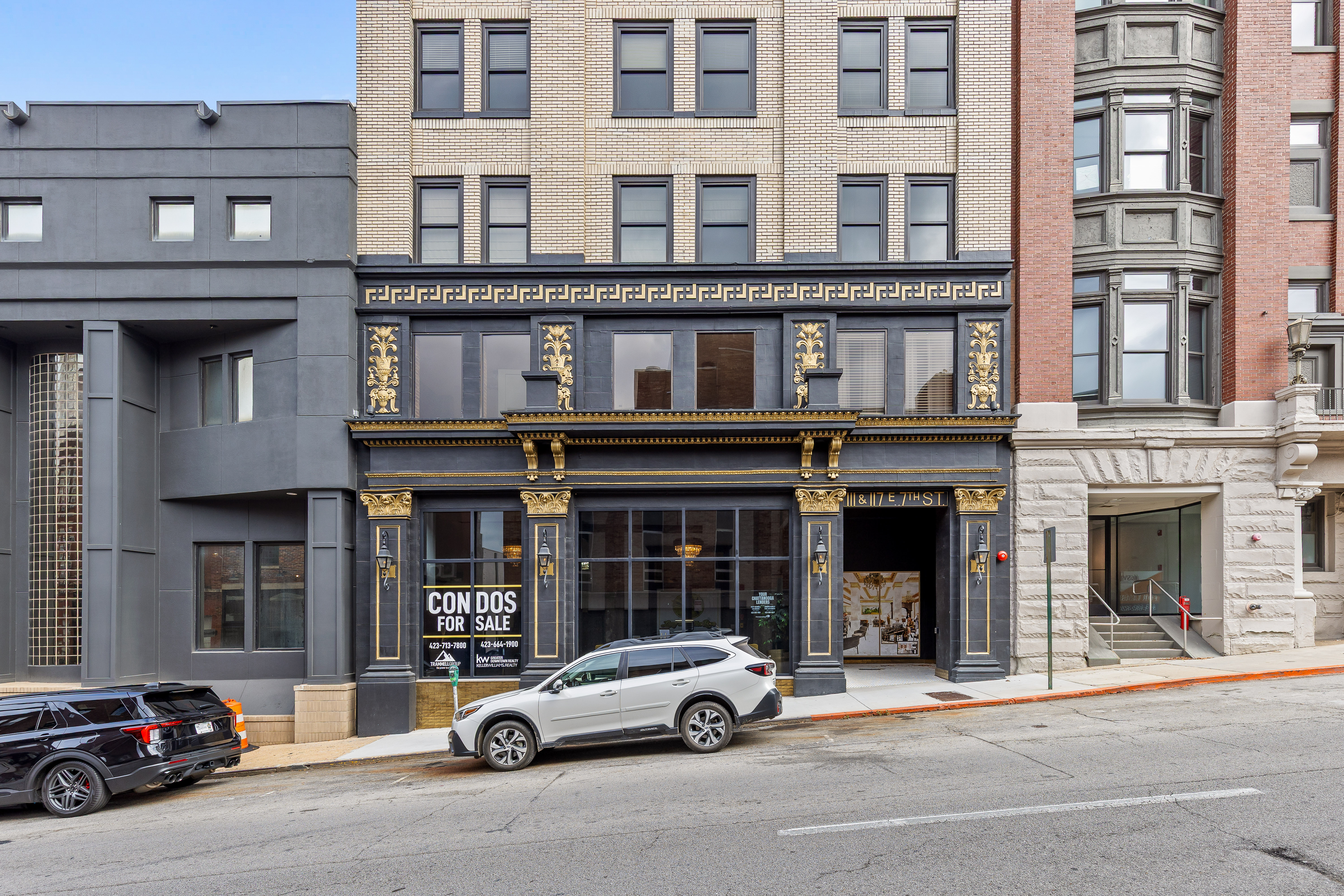 Elegant downtown condo building with striking historic-style facade