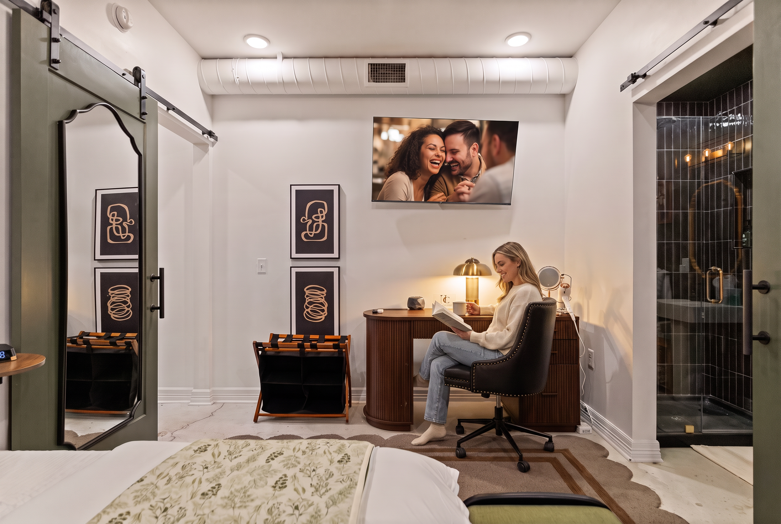 Chic bedroom workspace with TV, full-length mirror, and luxe ensuite shower