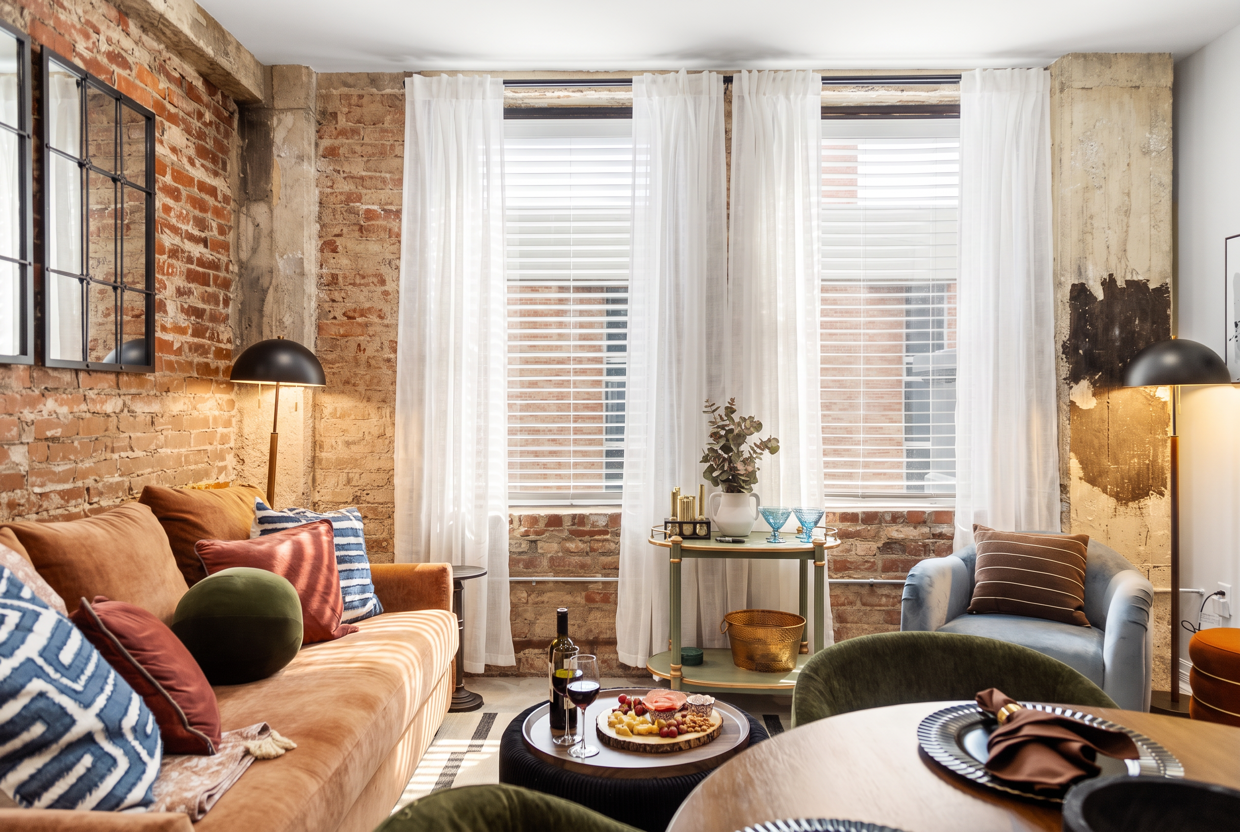 Chic industrial lounge with exposed brick and bright, cozy seating