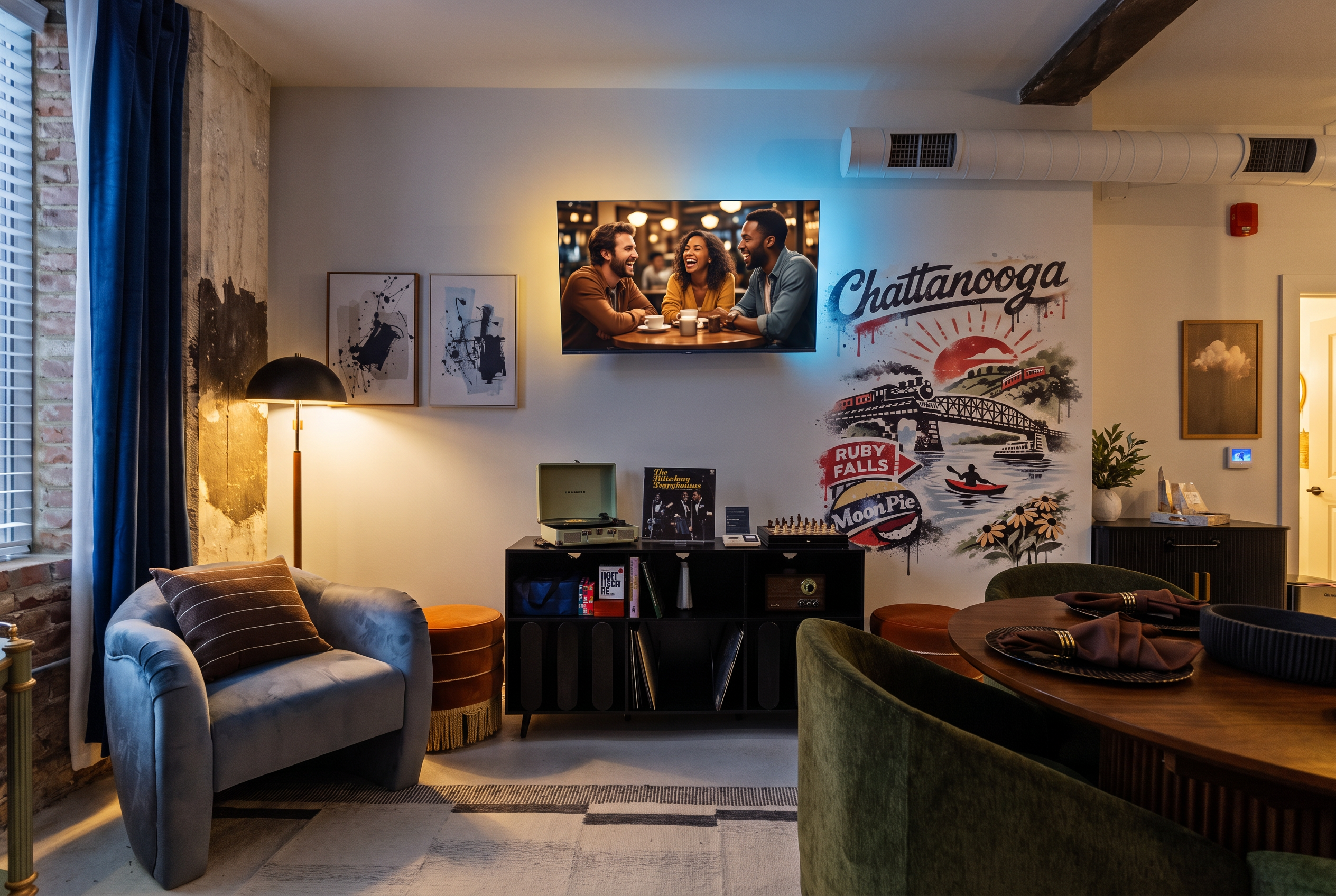 Stylish Chattanooga stay with mural wall, cozy lounge seating, and dining area