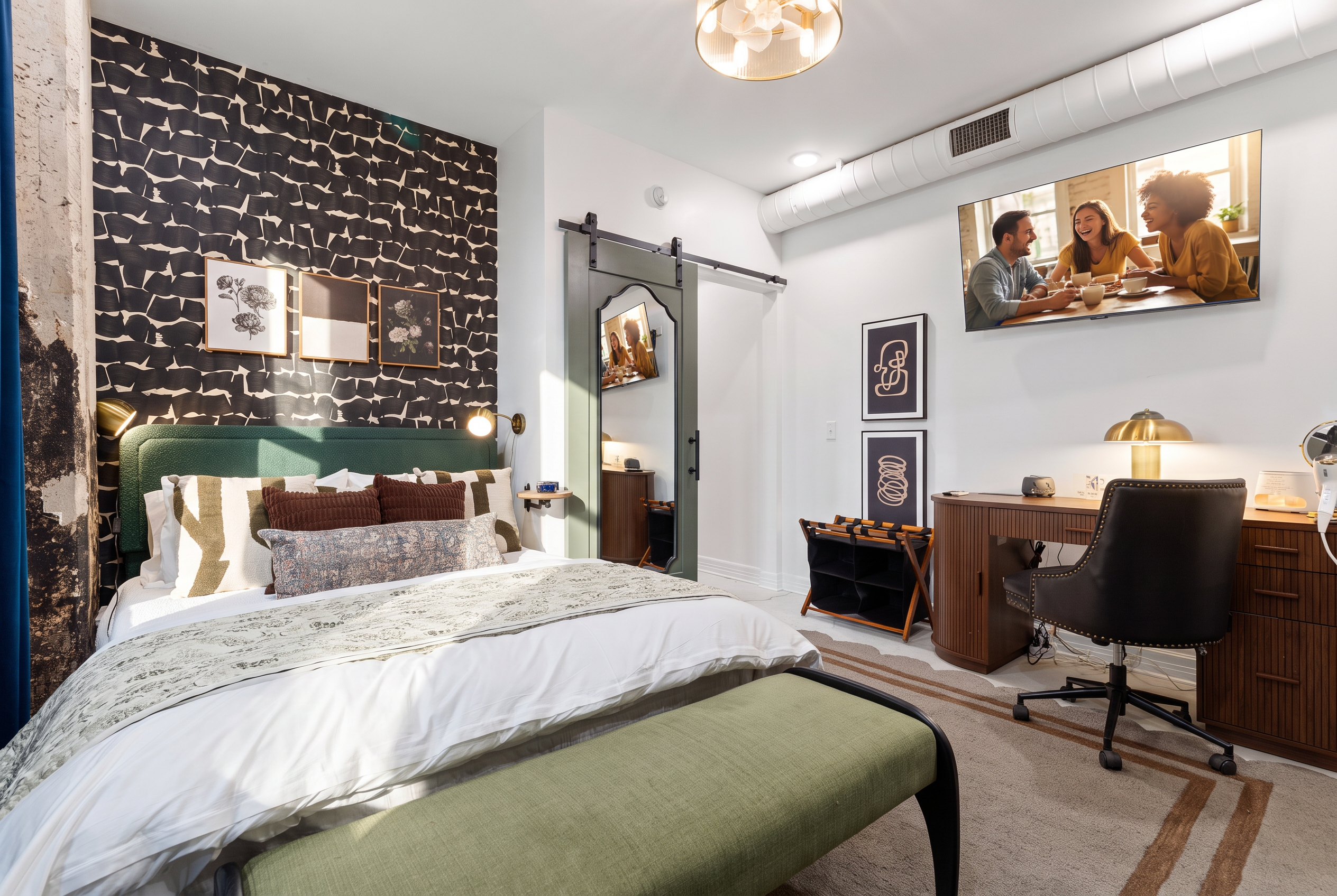 Stylish boutique bedroom with workspace, TV, and designer details