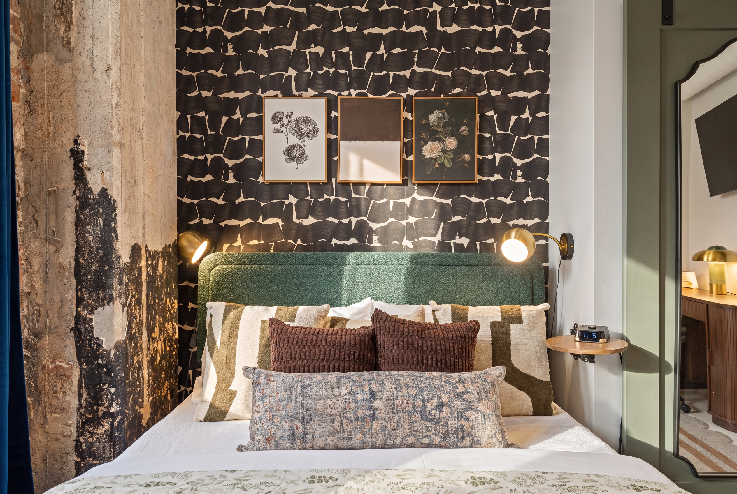Boutique-style bedroom with bold wallpaper and warm ambient lighting