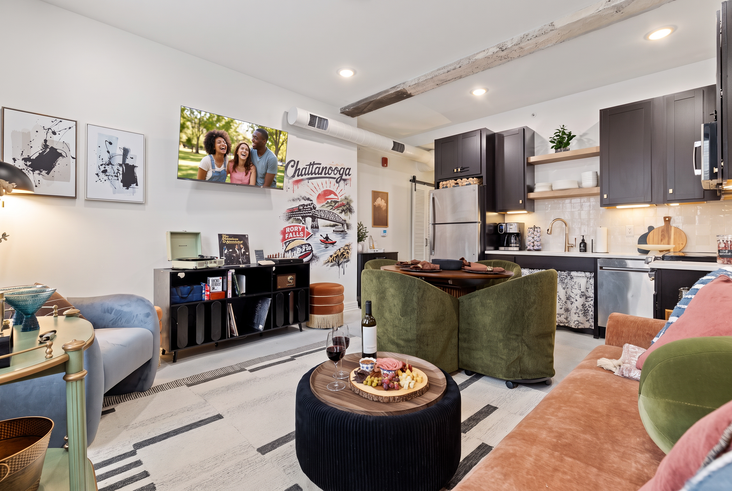 Stylish open-concept lounge and kitchen with cozy seating