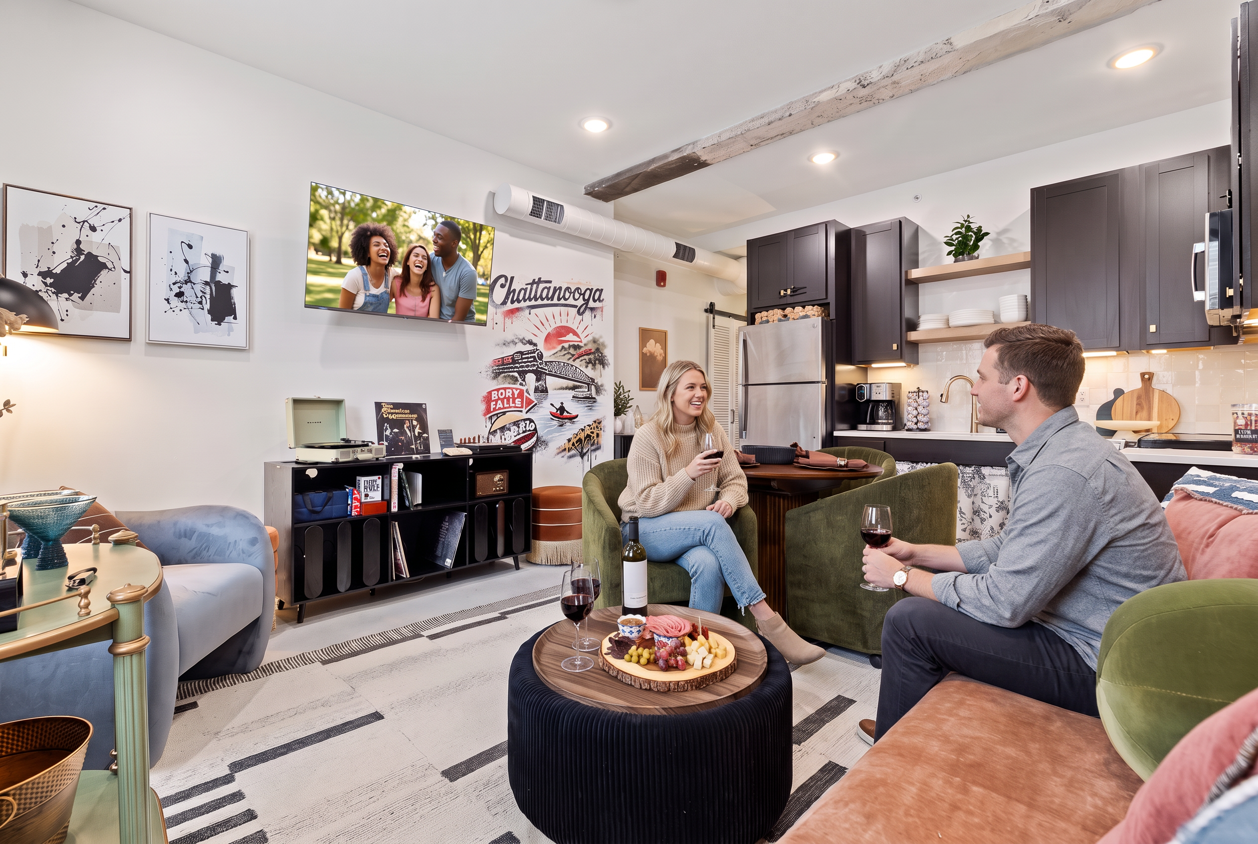 Stylish open-concept lounge and kitchen with cozy seating & local charm