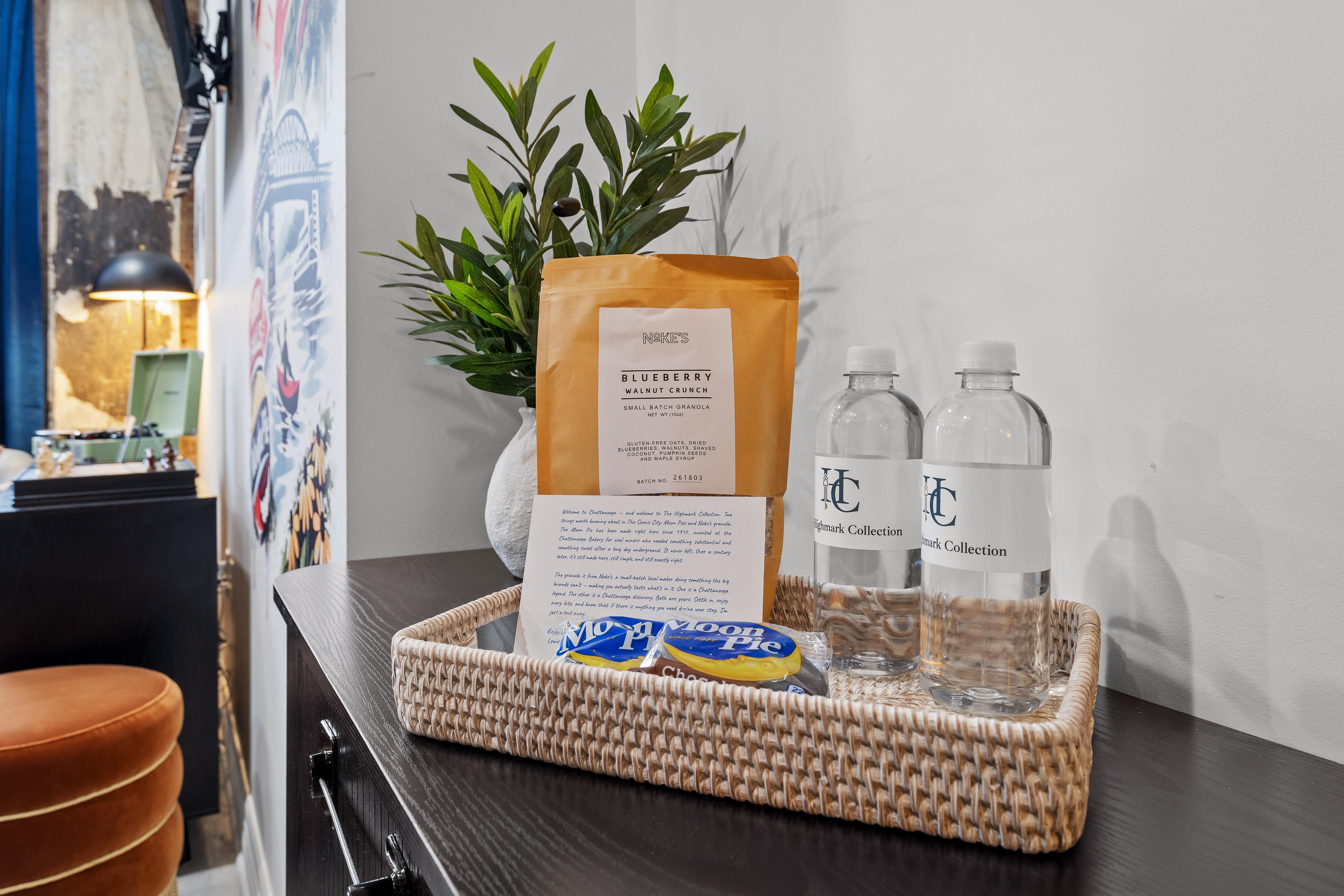 Thoughtful welcome setup with water, snacks, and coffee