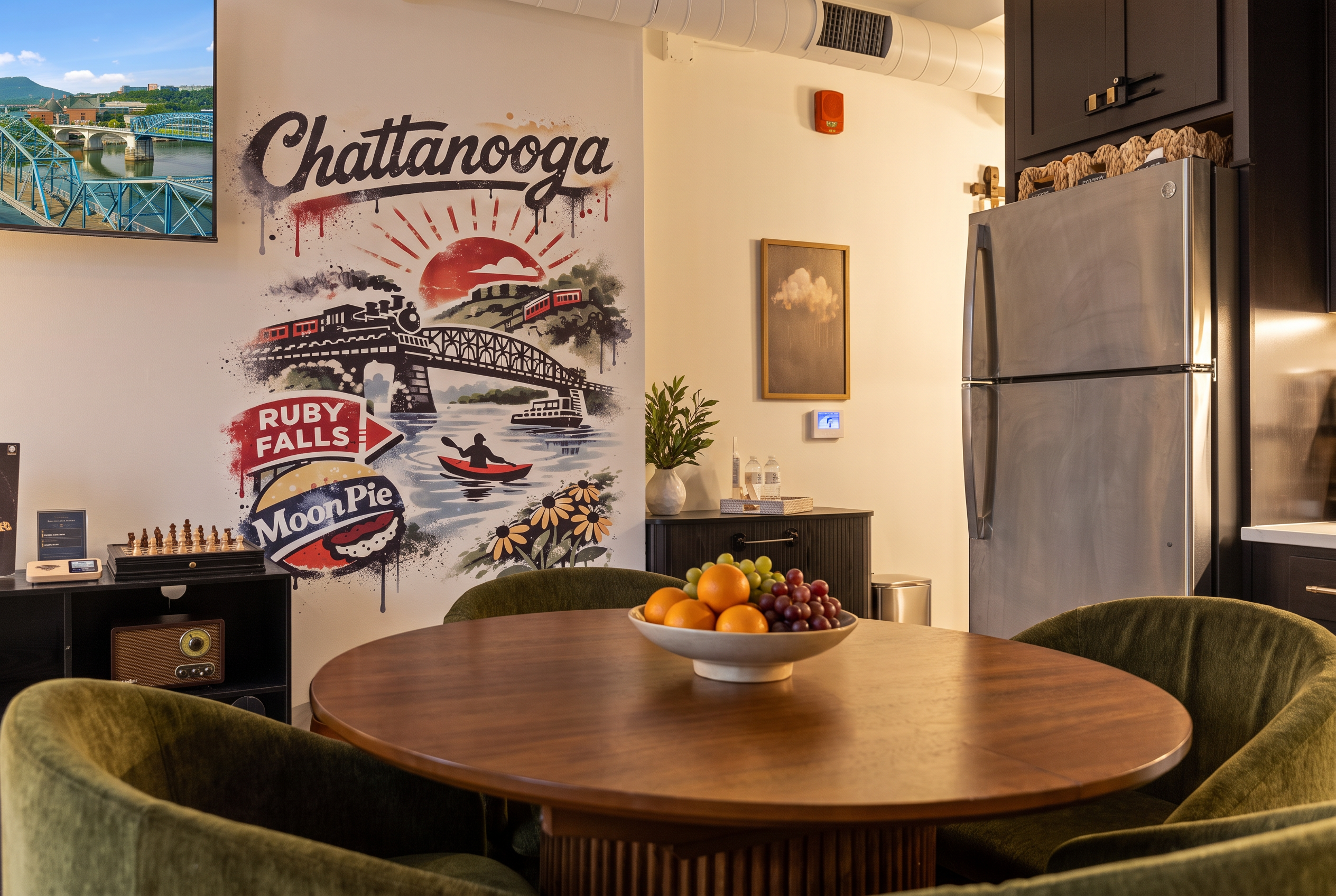 Stylish dining nook with bold Chattanooga mural and modern kitchen