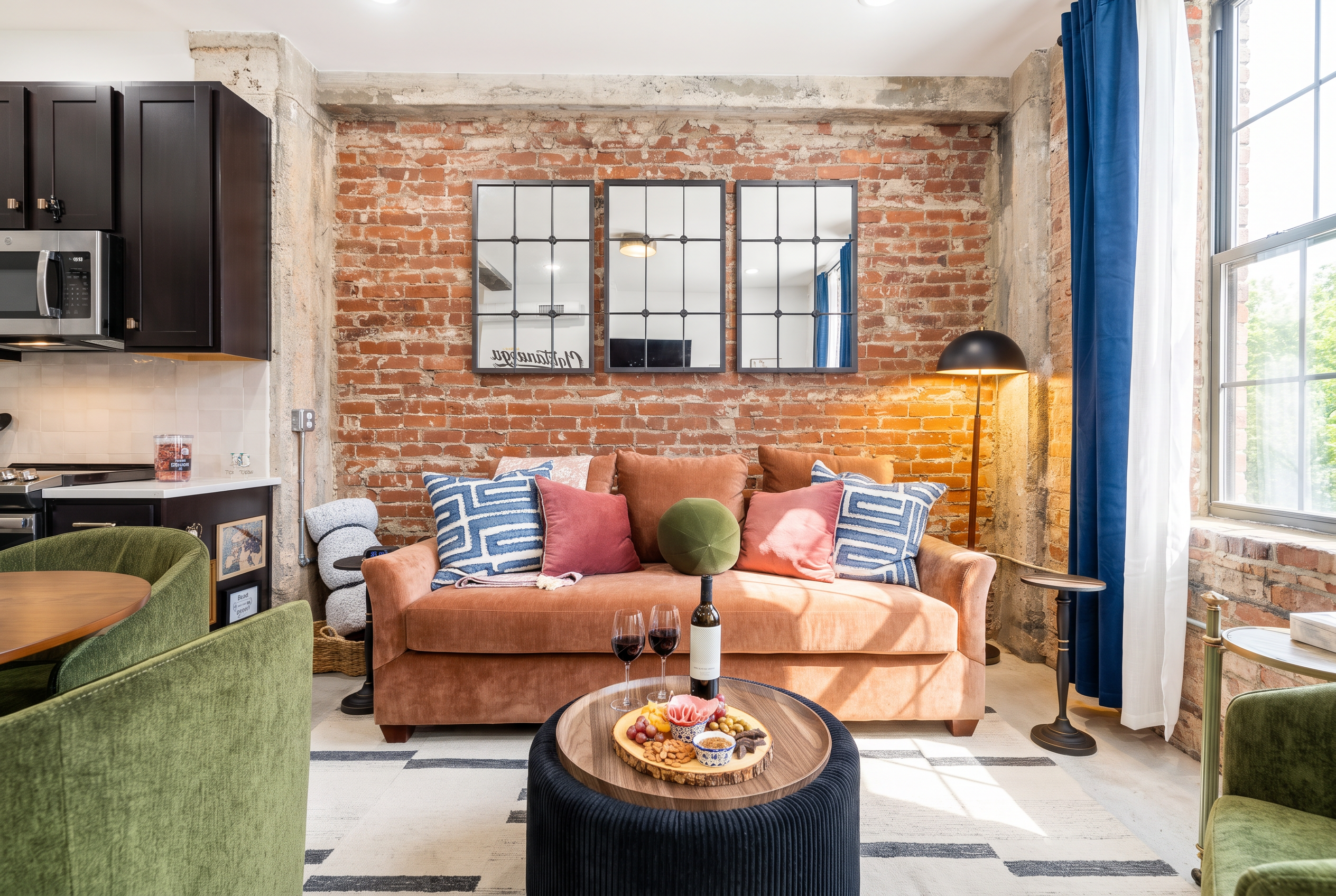 Sunny industrial-chic lounge with exposed brick and cozy designer seating