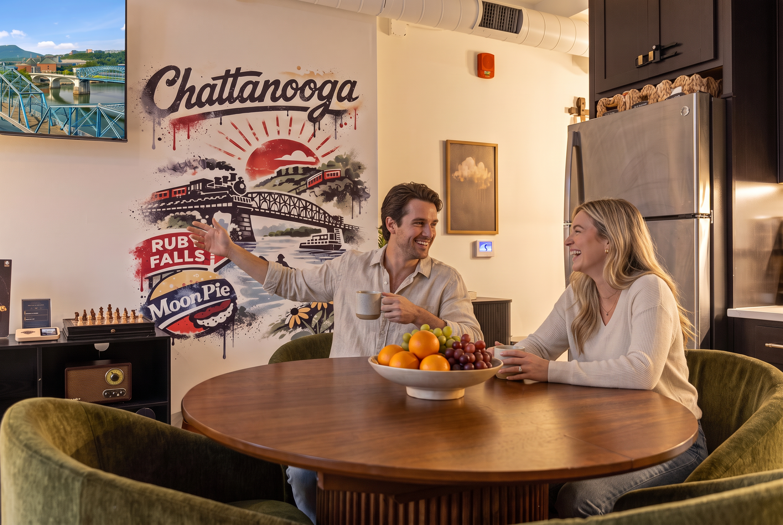 Warm dining space with local Chattanooga flair and modern kitchen access