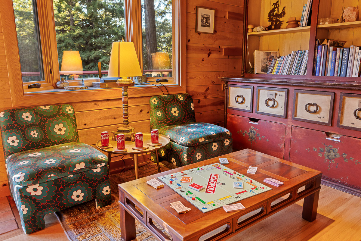 Cozy cabin lounge with games, forest views, and vintage charm