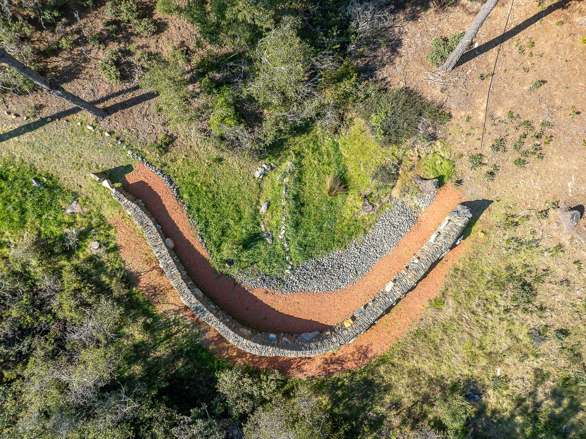 Curved stone path with dry creek bed in a tranquil native hillside garden