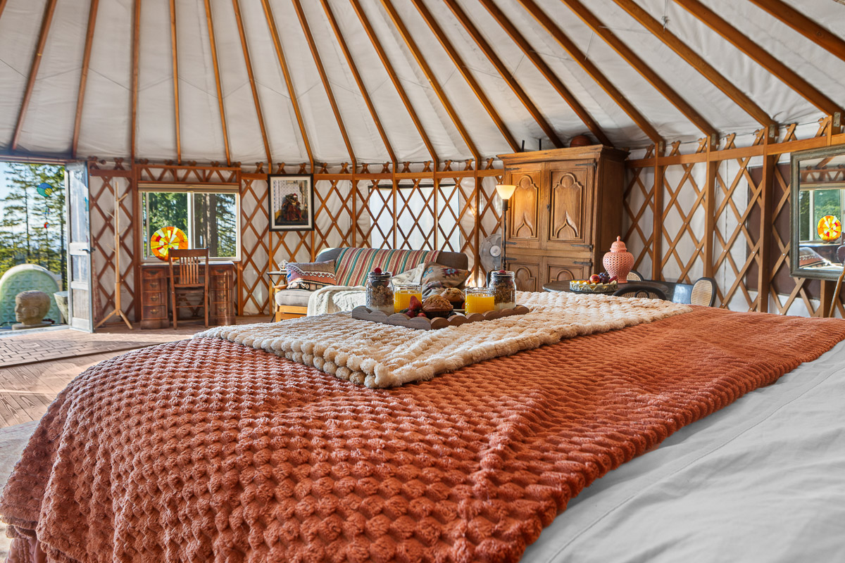 Cozy forest yurt with king bed, lounge space, and rustic charm