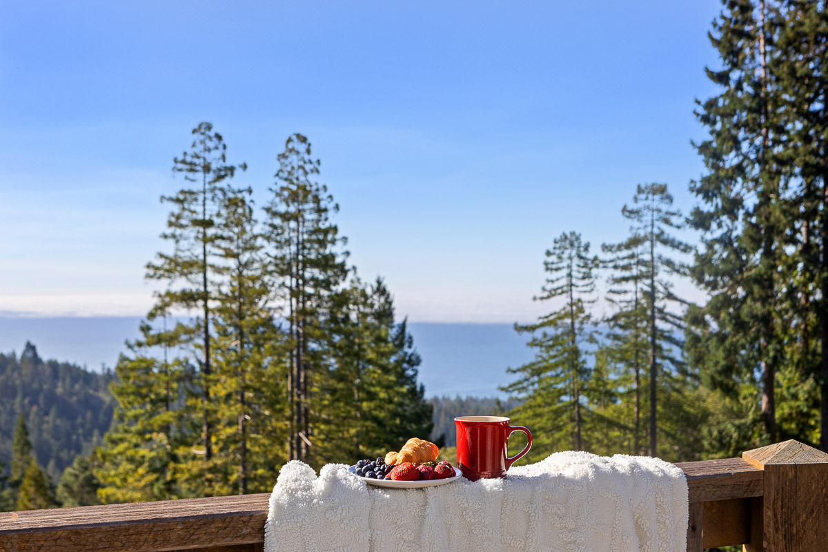 Cozy deck with forest-to-ocean panorama—perfect for morning coffee