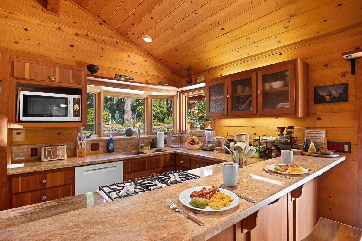 Sunlit cabin kitchen with gas range, breakfast bar, and forest views