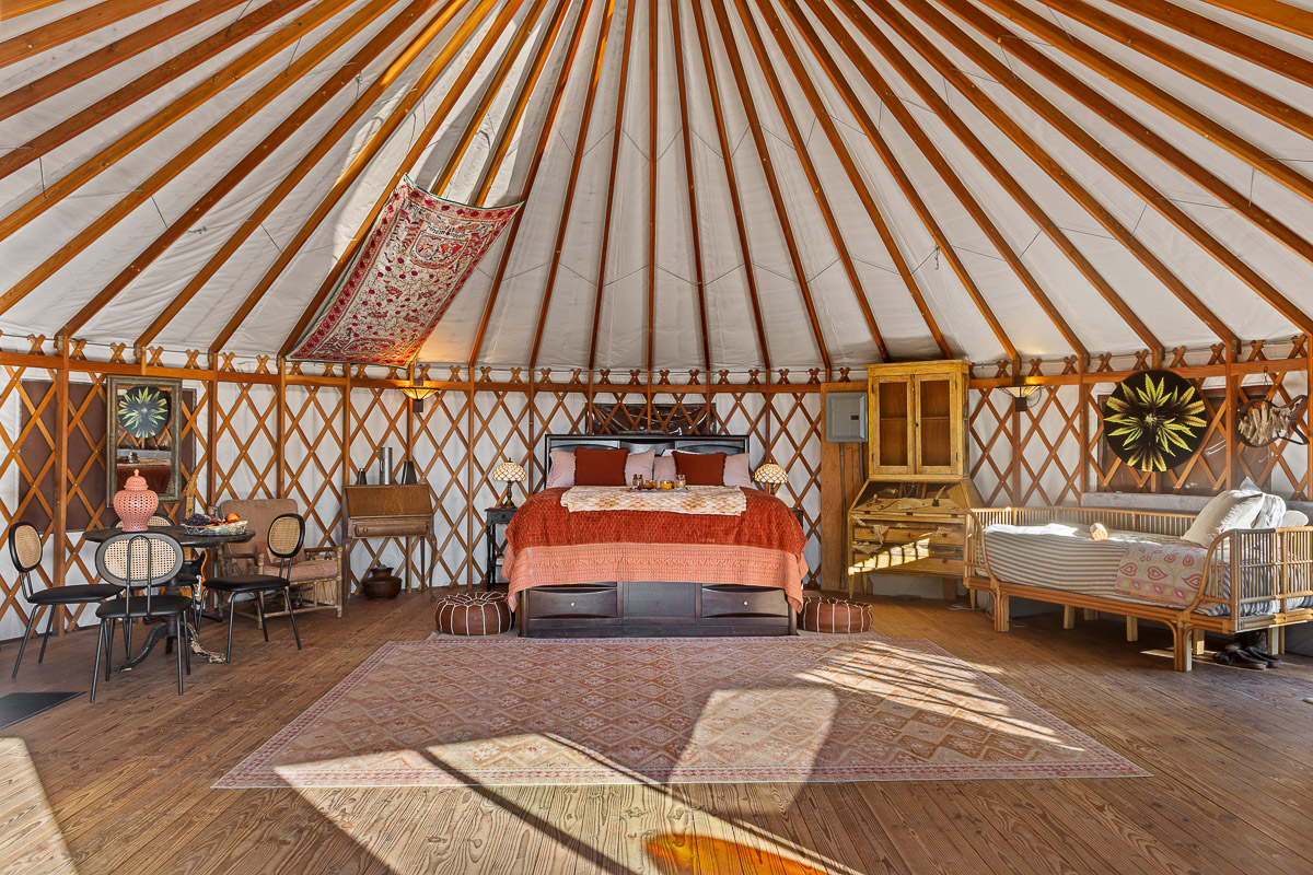 Spacious, sunlit yurt with queen bed, daybed, and cozy dining nook