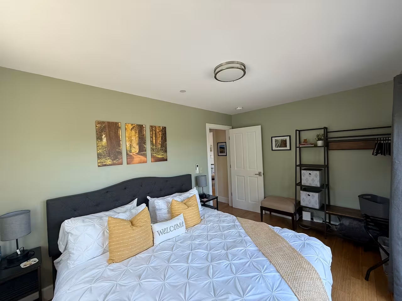 Bright king bedroom with open closet, workspace, and soothing green walls