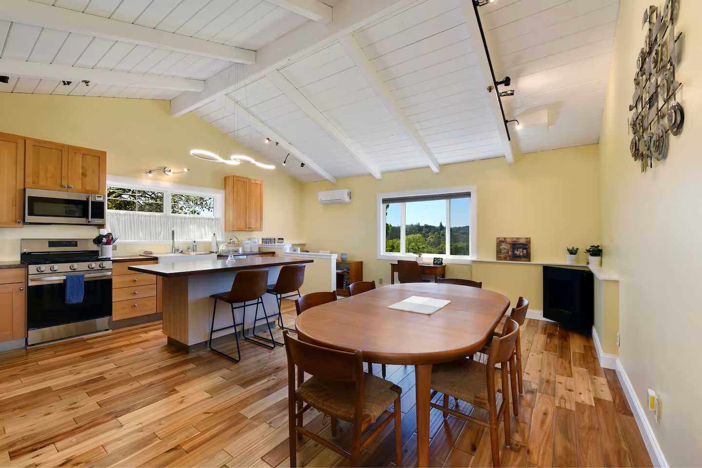 Bright vaulted kitchen-diner with island, views, and sleek appliances