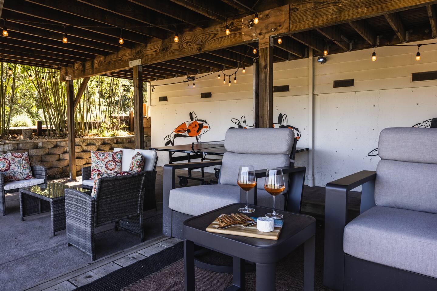Watch the colorful koi fish while sipping your favorite wine.