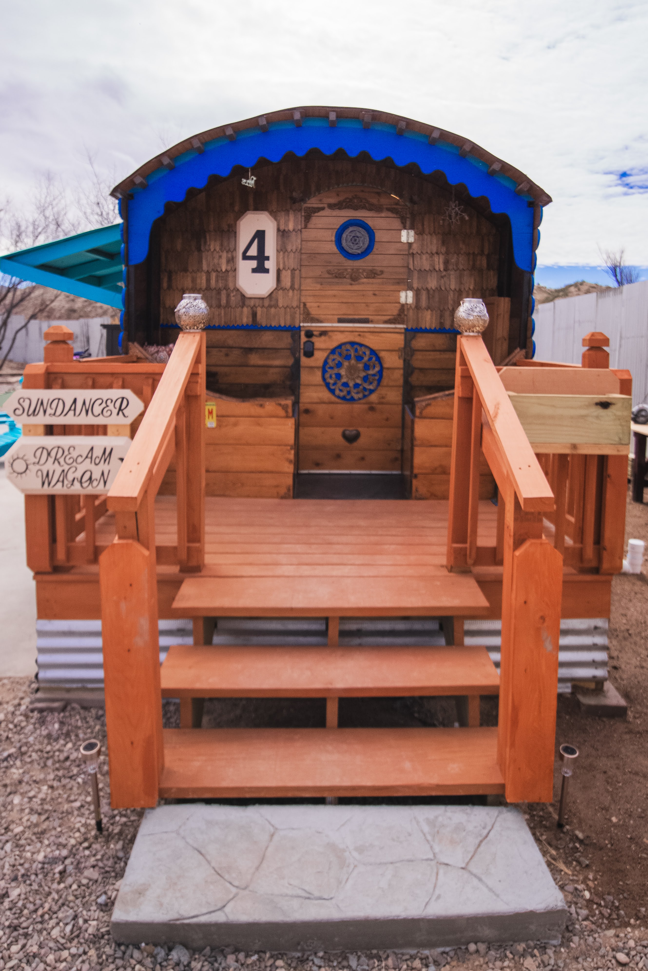Charming wagon-style tiny home with a cozy private deck entrance