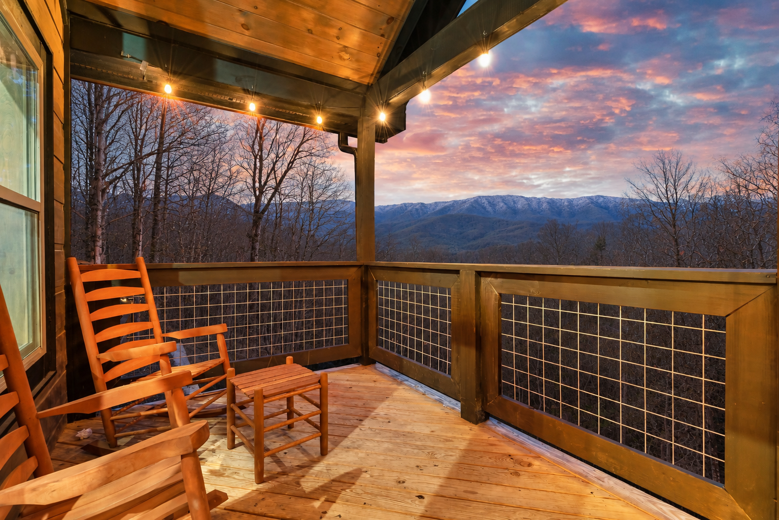 Covered deck at sunset, with a winter dusting on the Smoky Mountain peaks