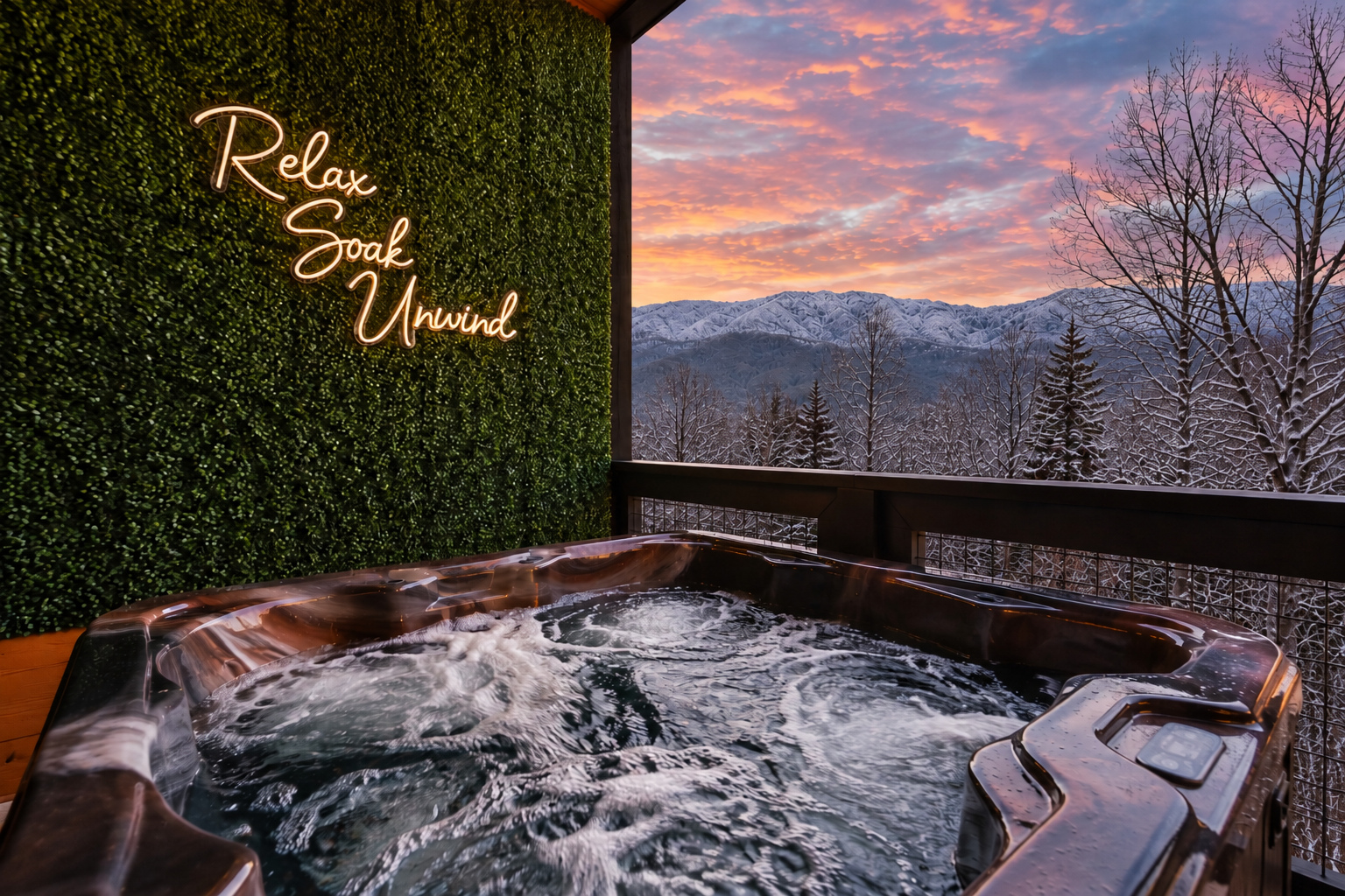 Seven-person hot tub with winter mountain views at sunset