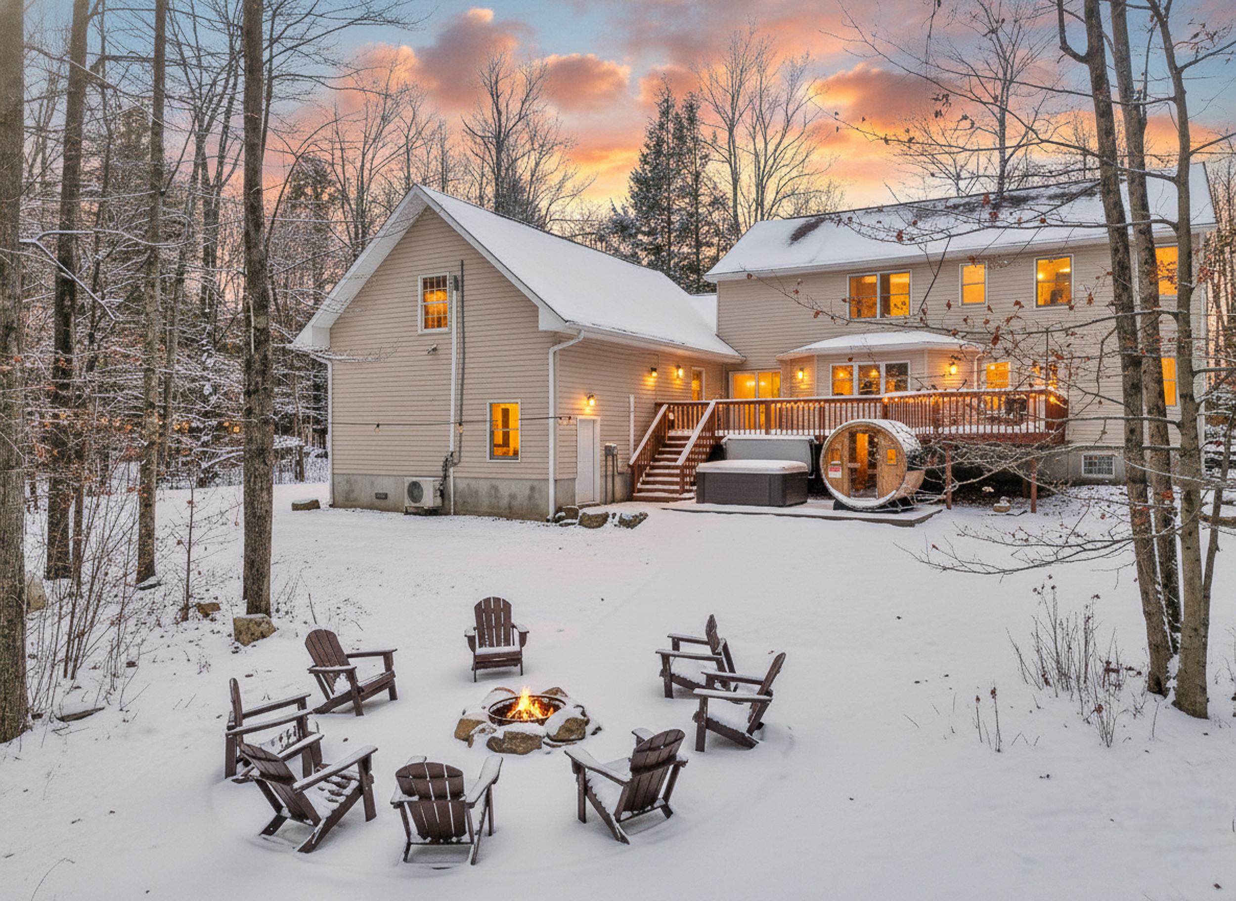 Snowy woodland retreat with hot tub, sauna, and cozy fire pit