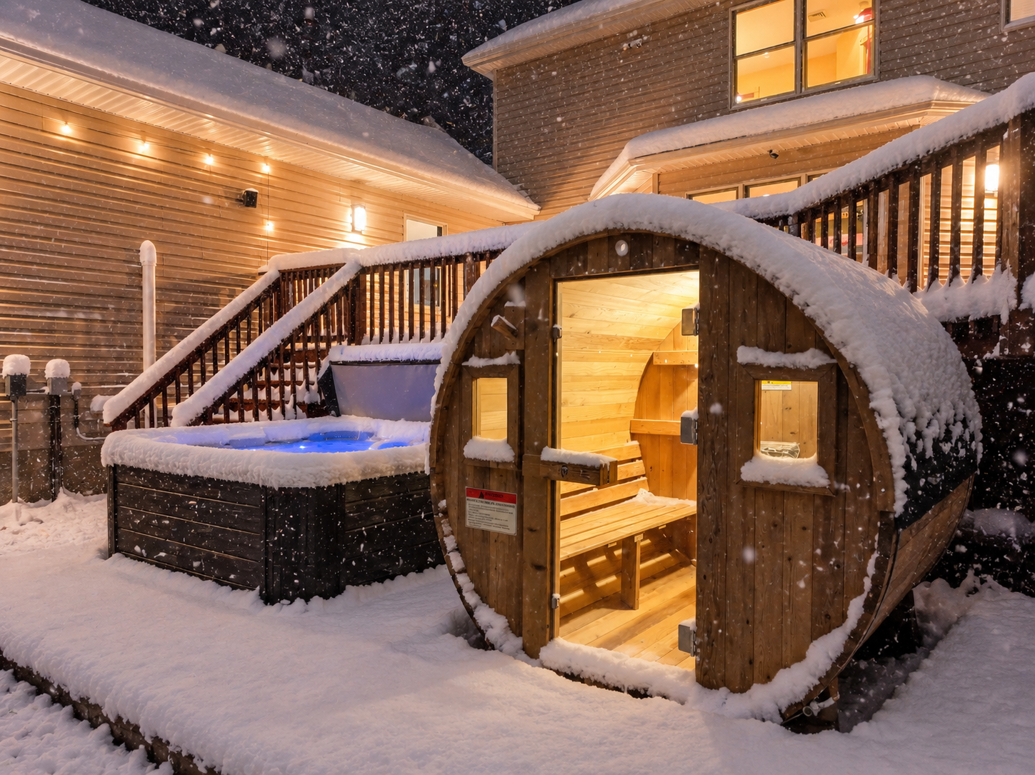 Snowy backyard sauna + hot tub for the ultimate cozy winter escape