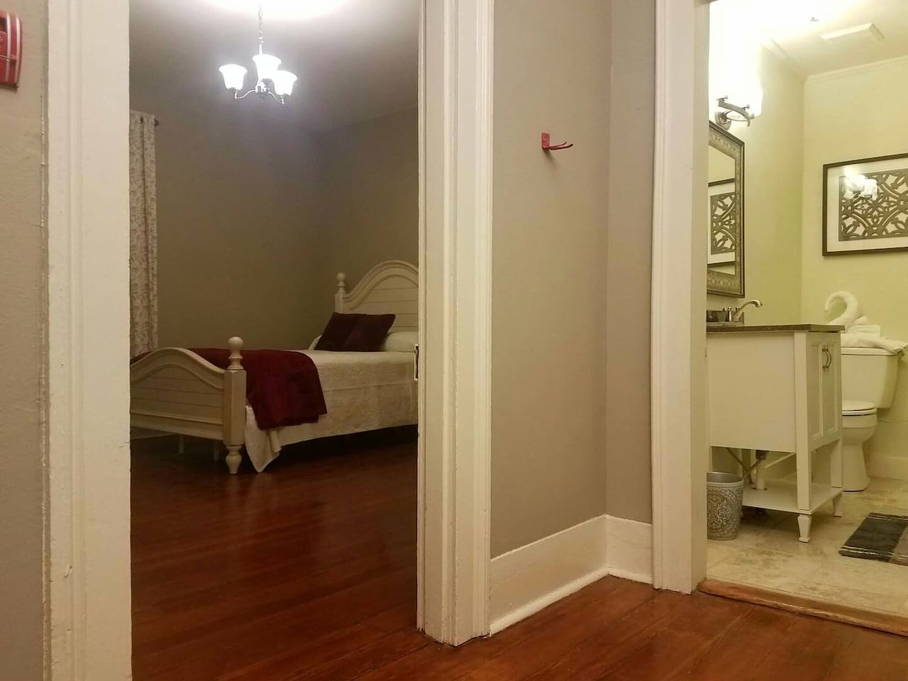 Queen size bed on second floor. Next to bathroom.