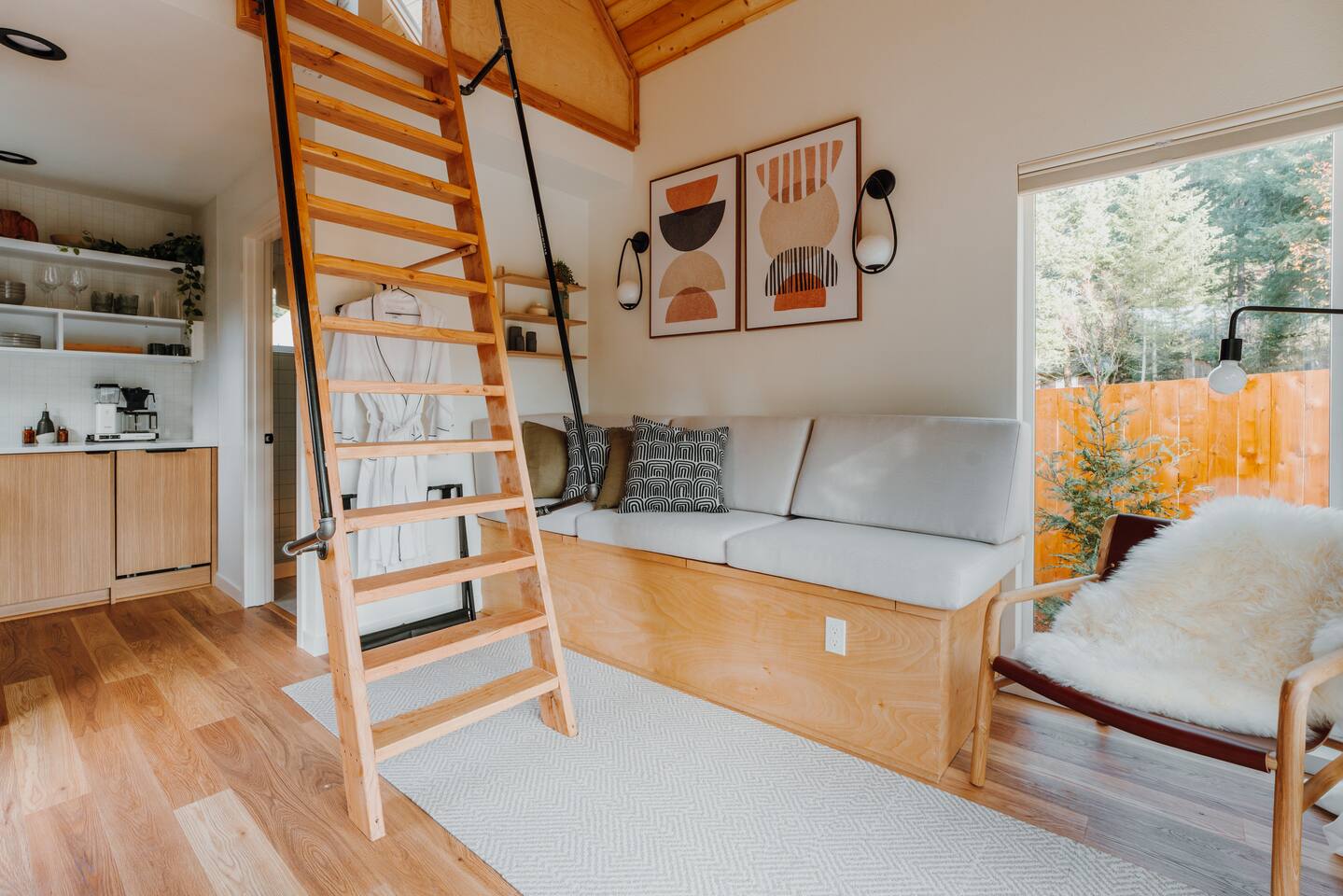 Living area with a built-in sofa