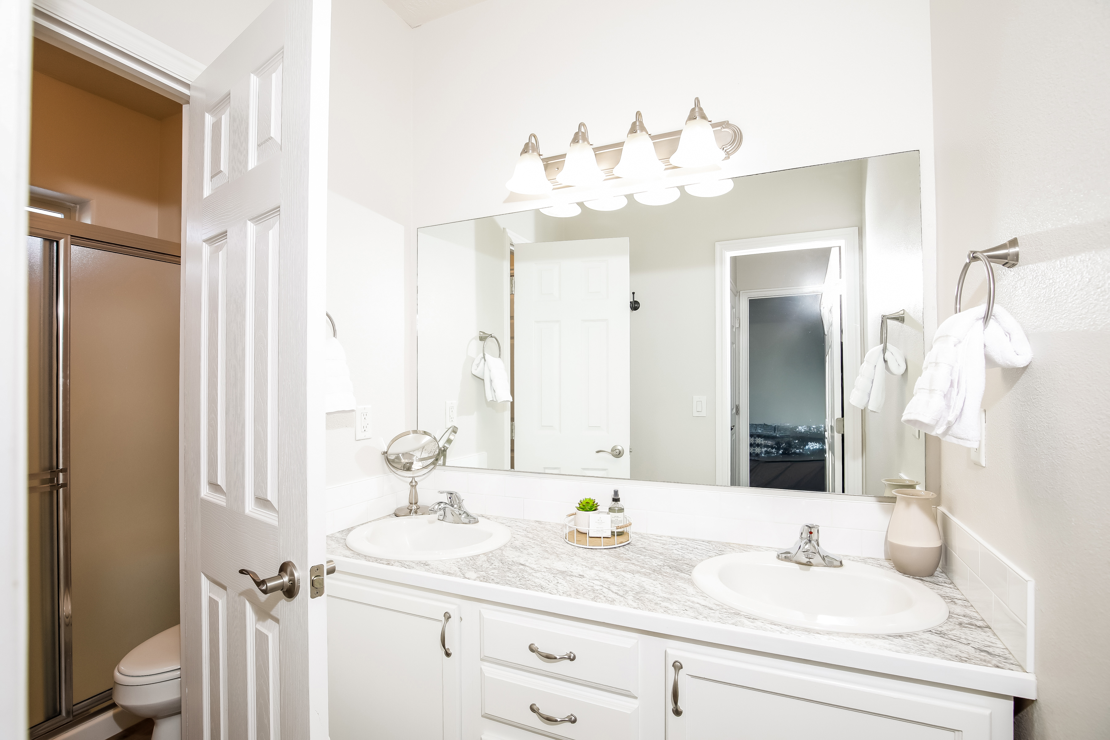 Bright bath with double vanity and private shower/toilet room