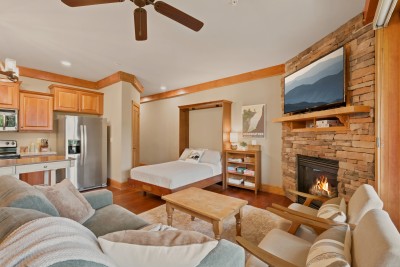 A full kitchen with range, stainless fridge, microwave, and ample cabinet storage sits steps from the queen Murphy bed and stone fireplace, so cooking, sleeping, and lounging all share one open, sunlit room with hardwood floors throughout.