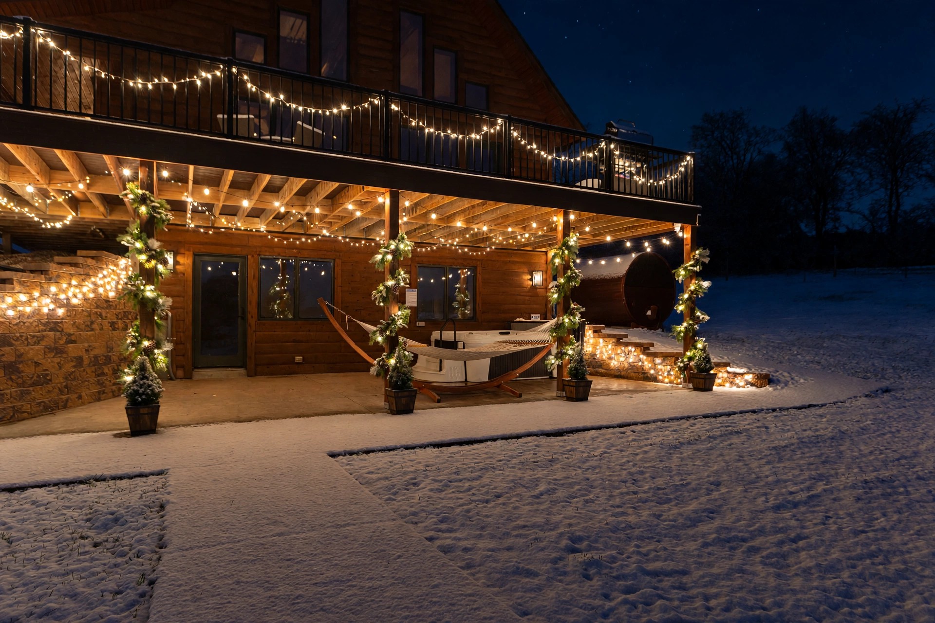 Cozy winter patio with string lights, hammock, and glowing cabin charm