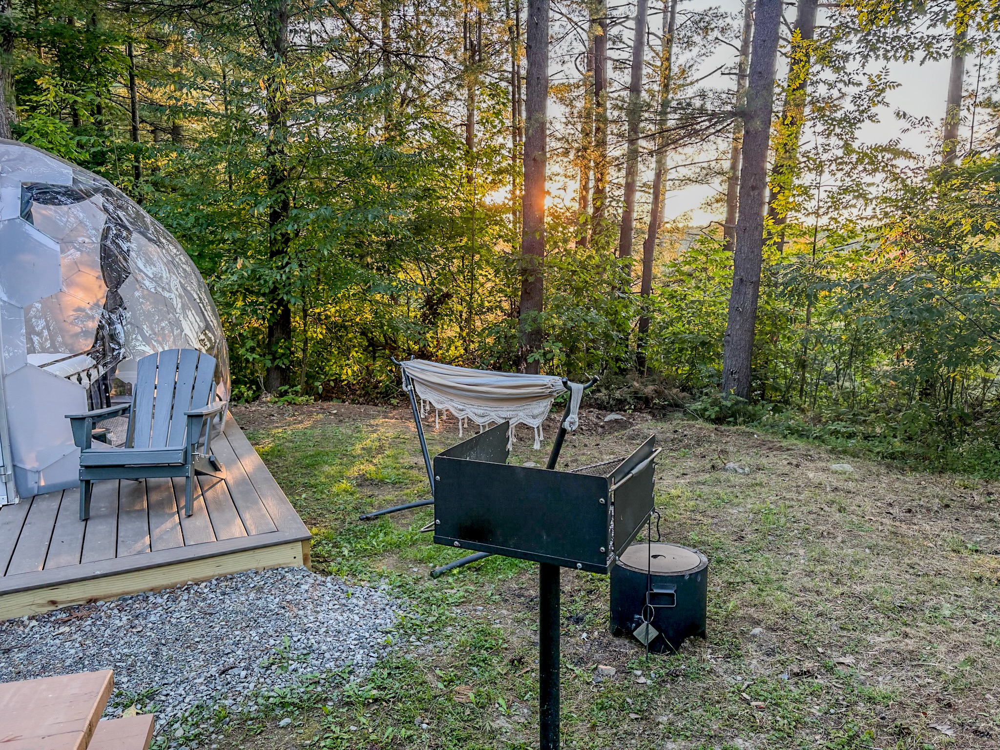 Woodland glamping dome with hammock, grill, and sunset forest views