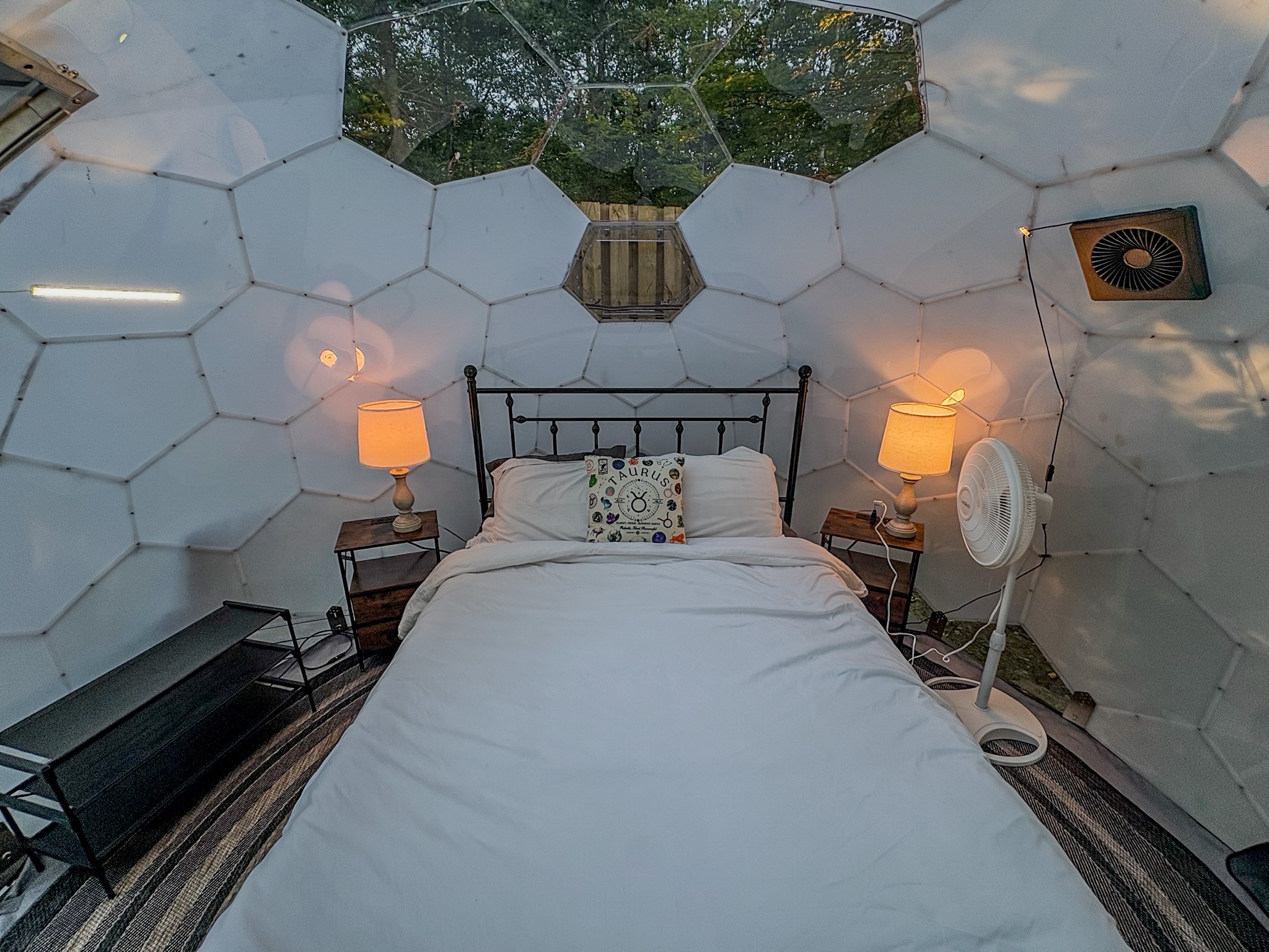 Cozy geodesic dome bedroom with tree views and warm ambient lighting