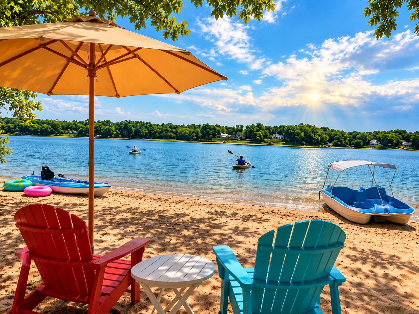 Private sandy lakeside beach with kayaks, paddle boats, and relaxing seating