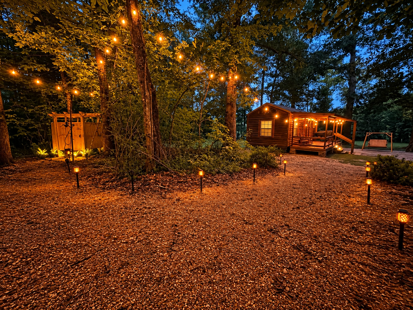Cozy woodland cabin with glowing lights and a peaceful private setting