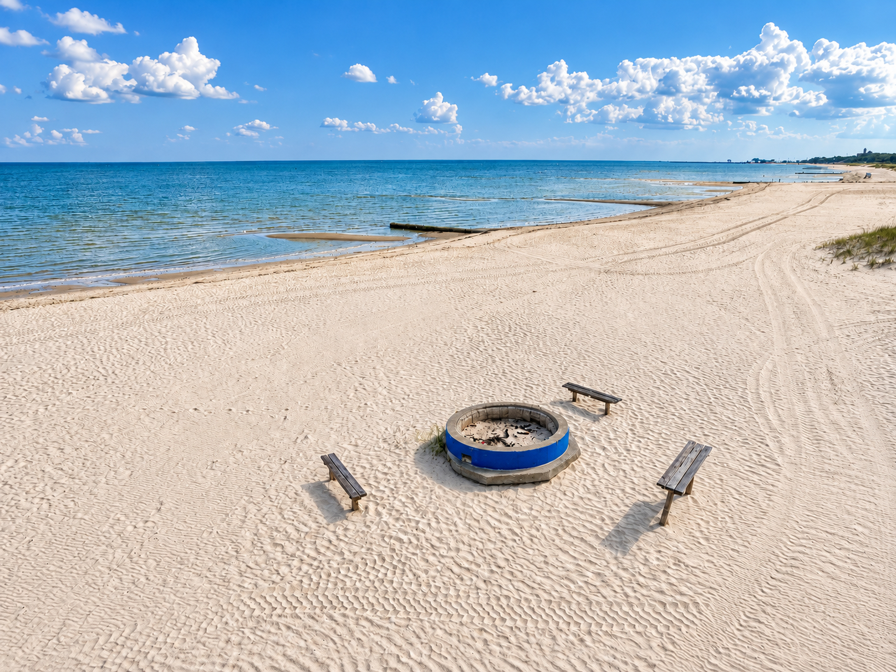 Private sandy beach with fire pit, benches, and sweeping water views