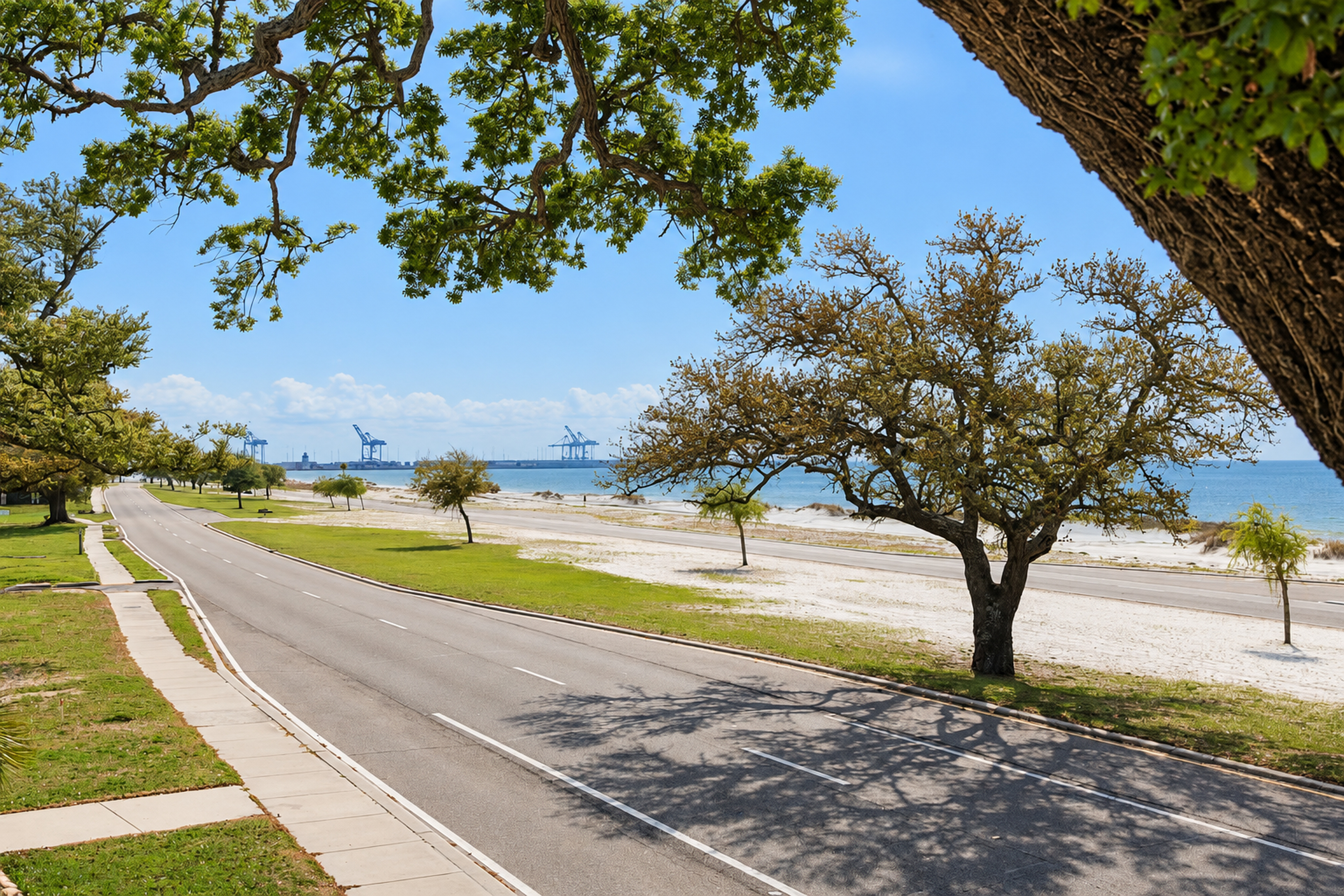 Scenic beachfront road with shade trees and wide water views
