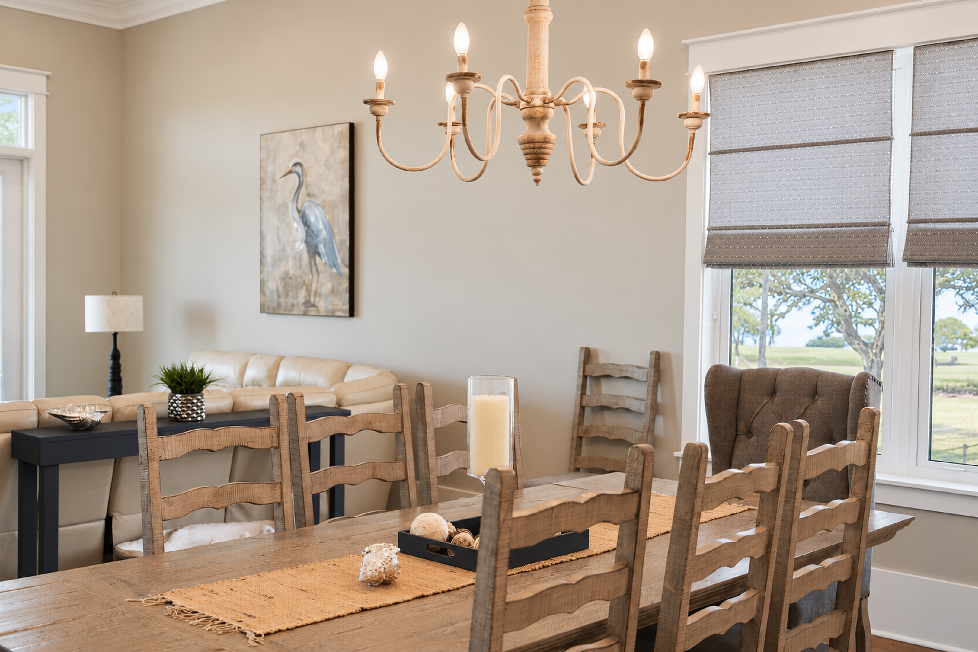 Bright rustic dining space with chandelier, cozy seating, and scenic views