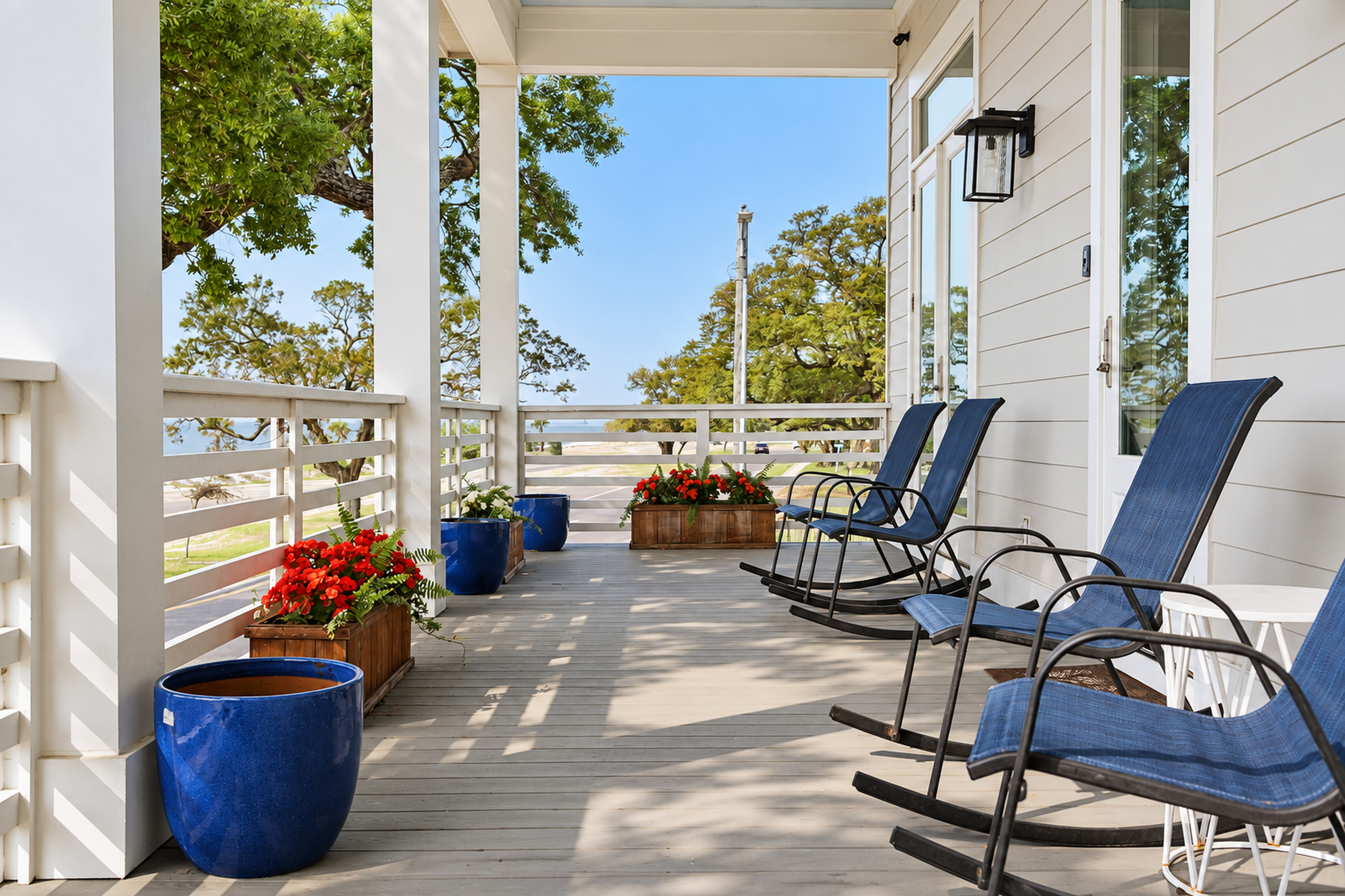 Spacious covered porch with rocking chairs and peaceful tree-lined views
