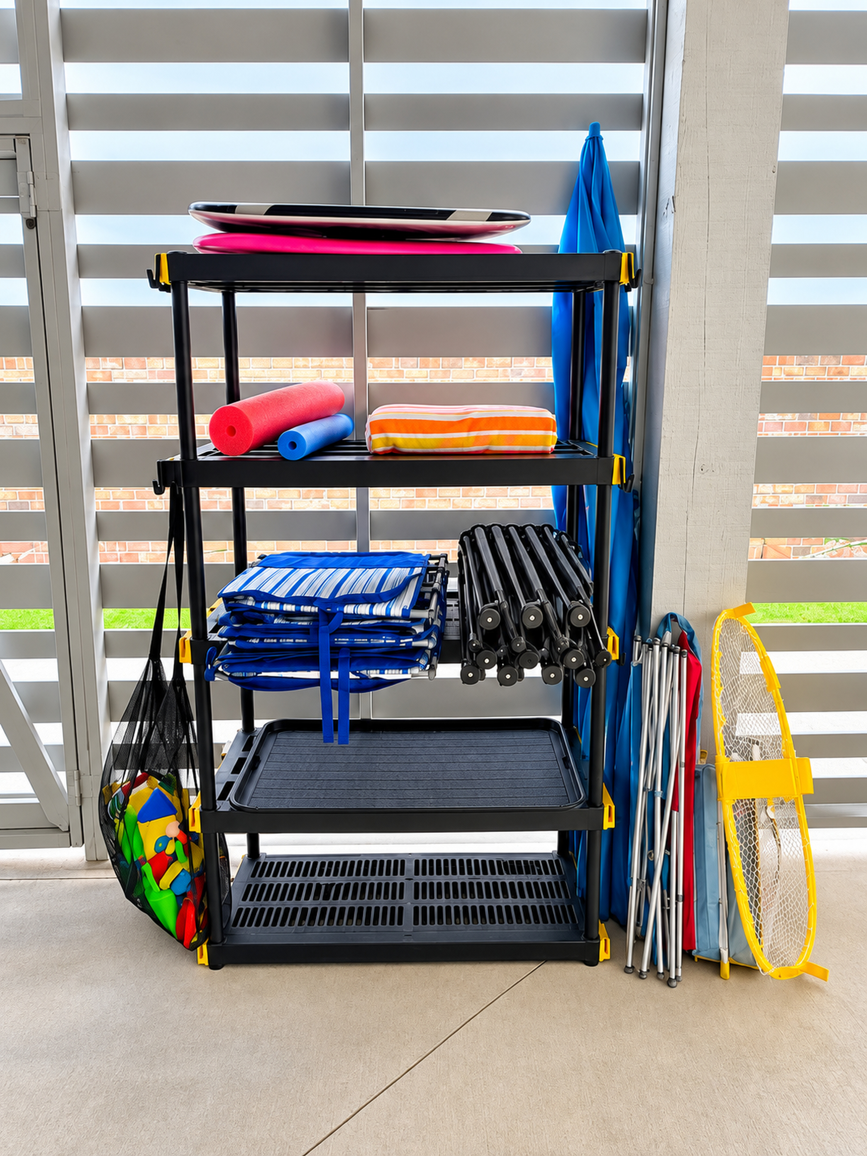 Organized beach gear station with chairs, towels, toys, and boogie boards