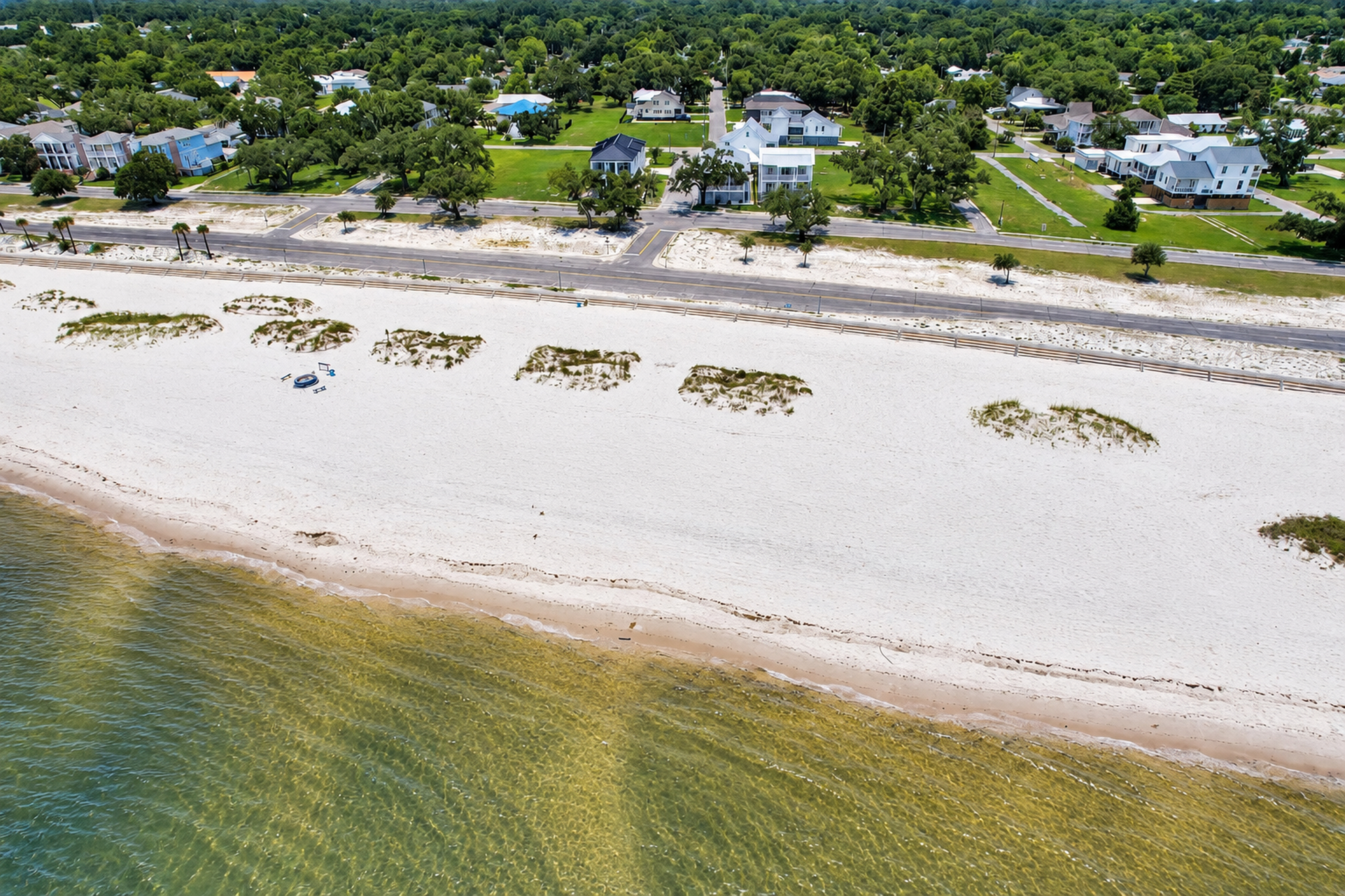 Spacious sandy beachfront with calm water and charming coastal homes
