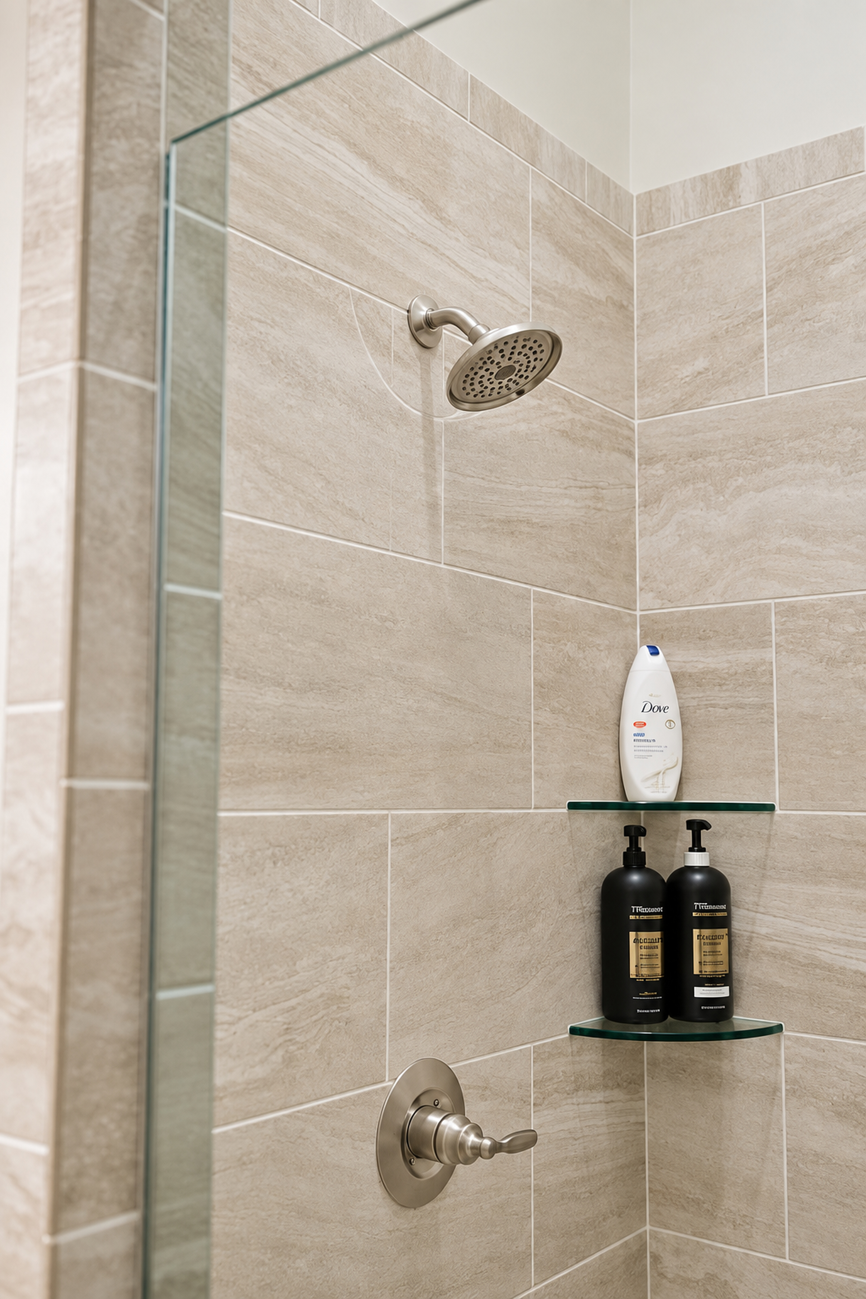 Modern tiled walk-in shower with glass enclosure and sleek finishes