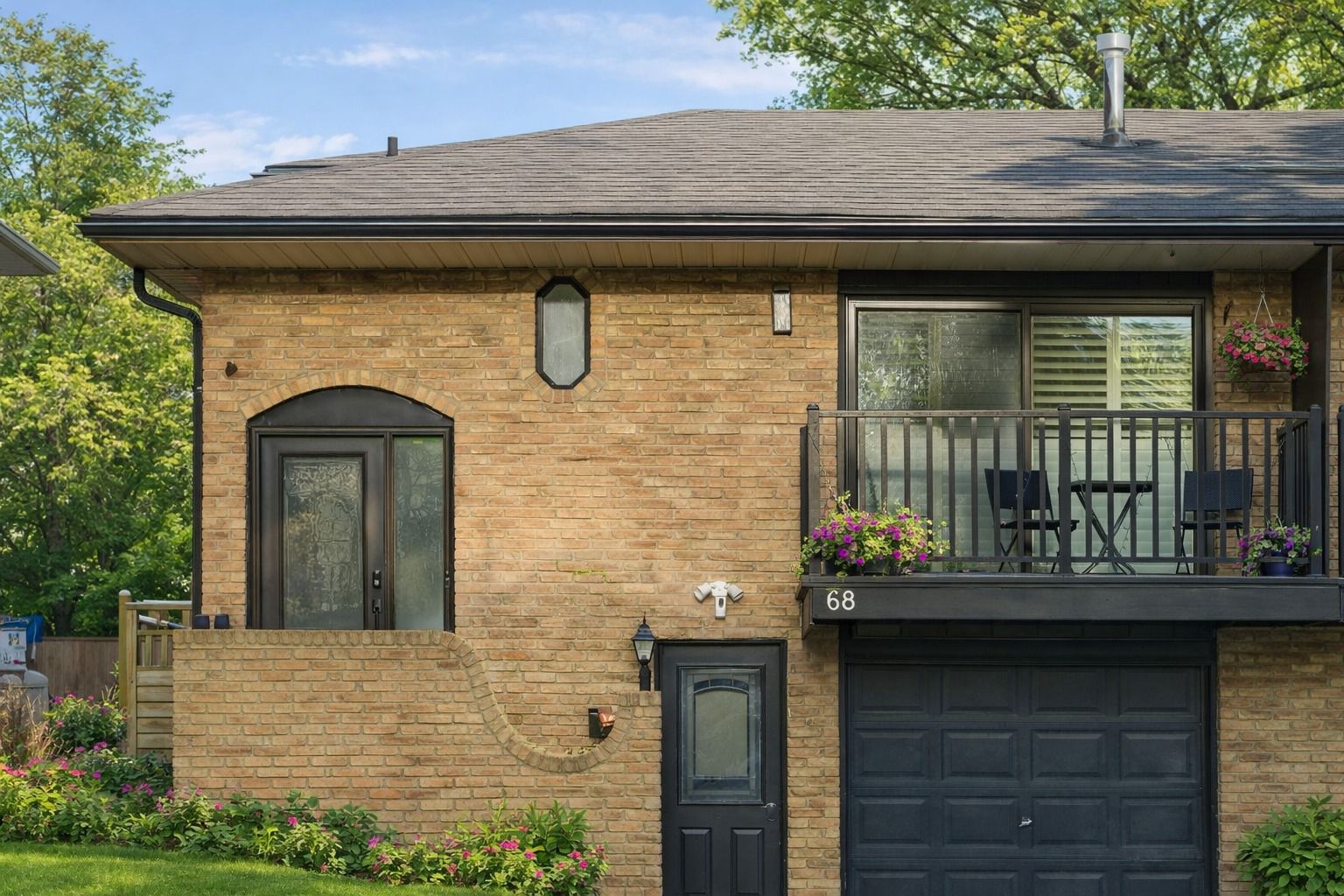 Stylish brick home with balcony seating, garage, and lush curb appeal.