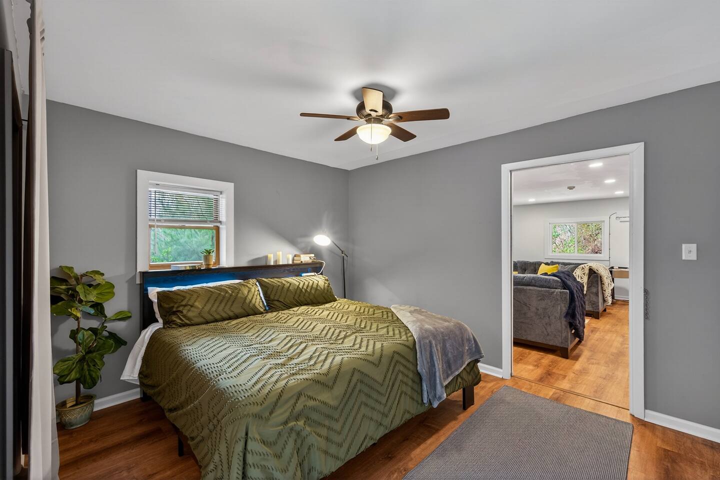 Comfortable sleeping for 2 in the King size downstairs room with ceiling fan.